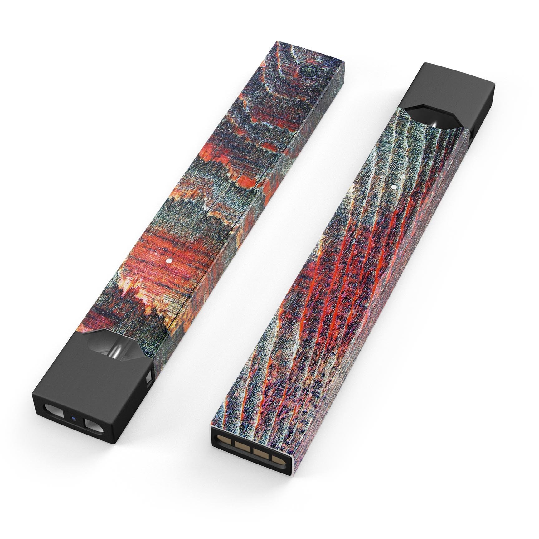 Grungy orange and teal dyed wood surface decal for JUUL vaping device, showcasing vibrant colors and stylish design.