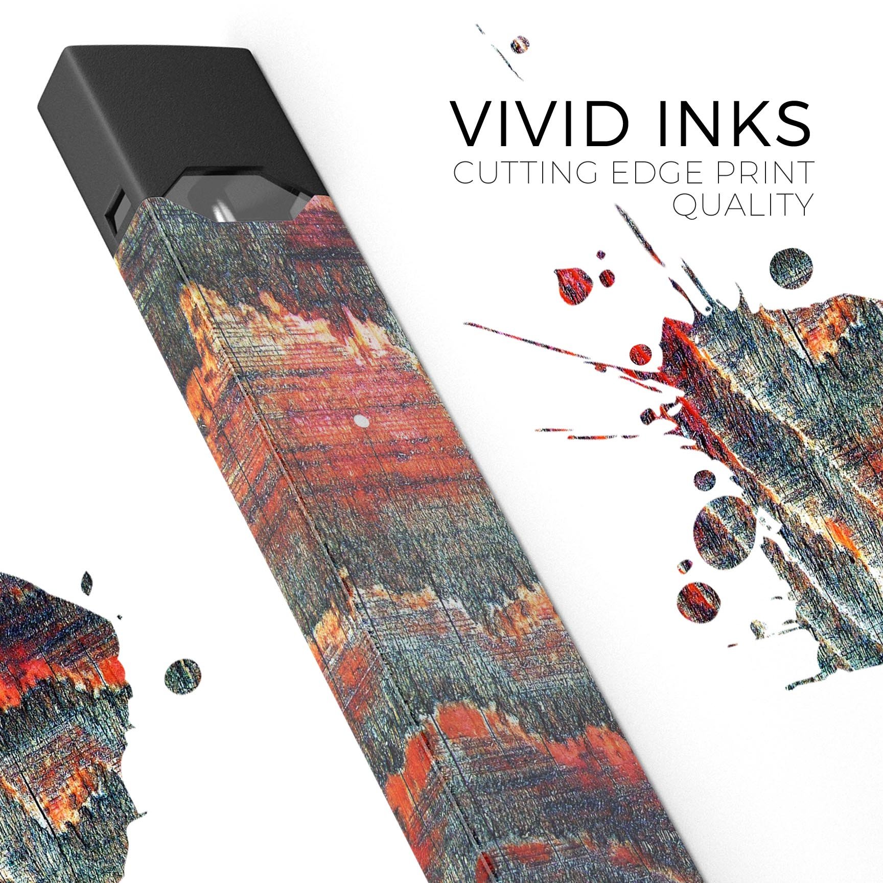 Grungy orange and teal dyed wood surface decal for JUUL vaping device, showcasing vibrant colors and stylish design.