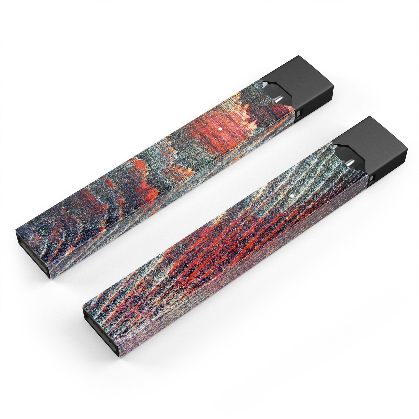 Grungy orange and teal dyed wood surface decal for JUUL vaping device, showcasing vibrant colors and stylish design.