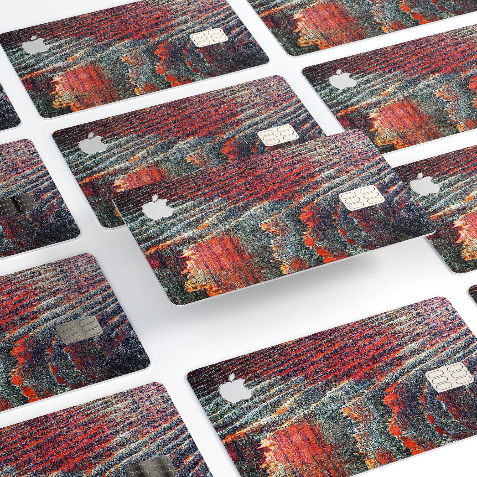 Grungy orange and teal dyed wood surface decal for Apple Card, showcasing a stylish design and premium quality.