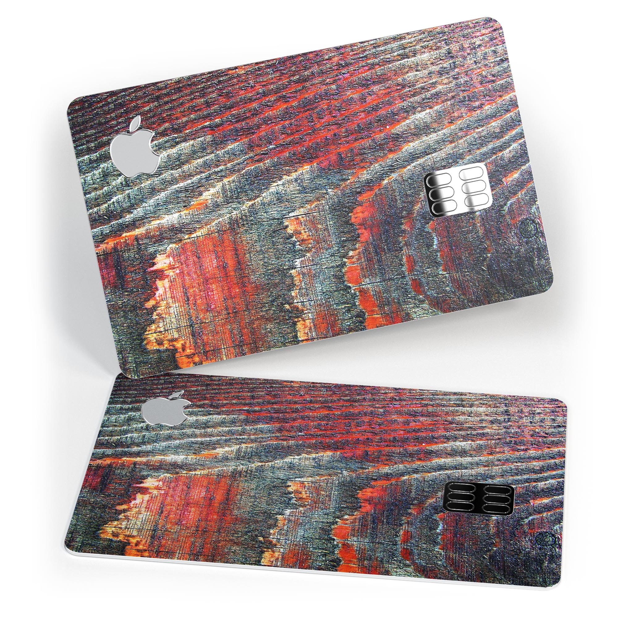 Grungy orange and teal dyed wood surface decal for Apple Card, showcasing a stylish design and premium quality.