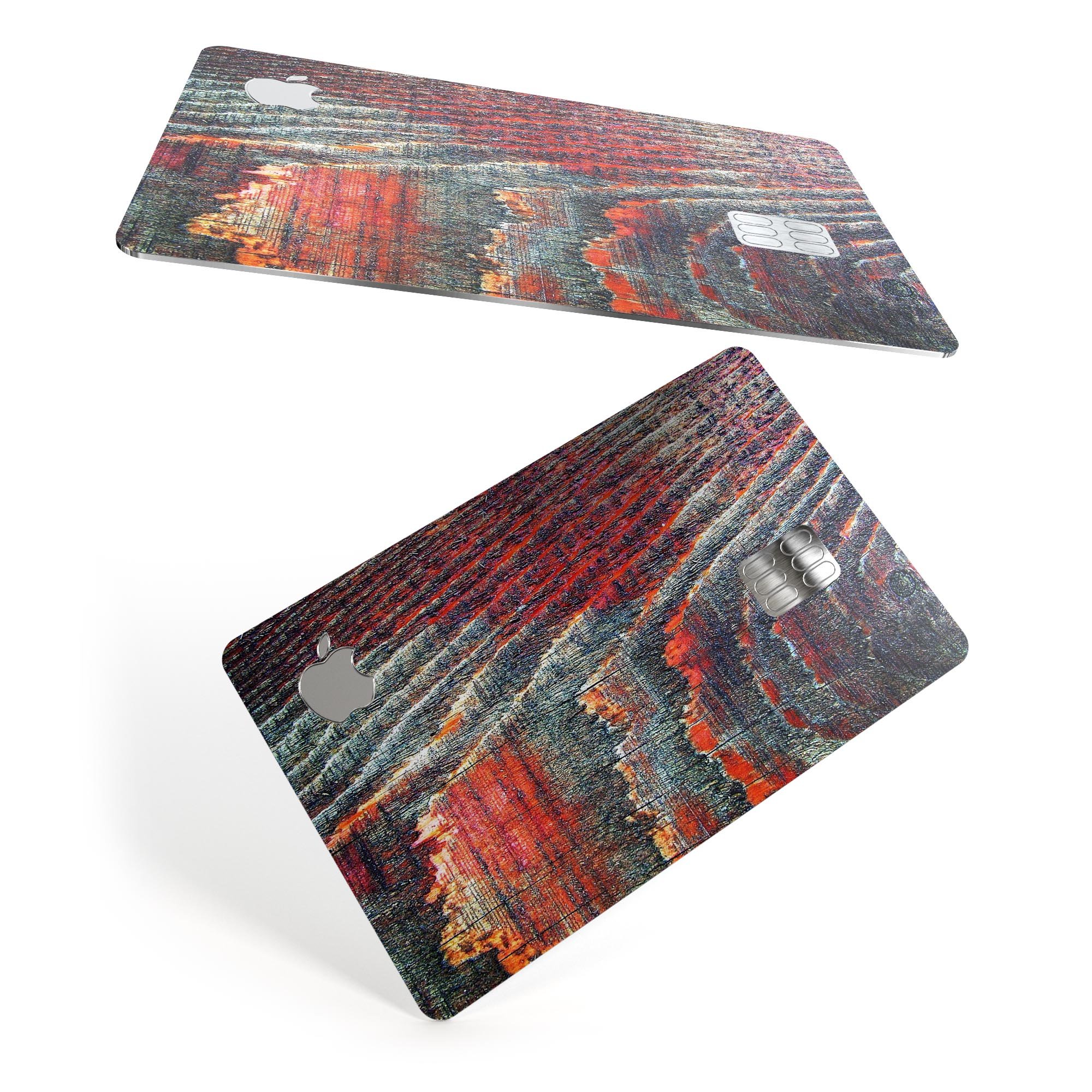 Grungy orange and teal dyed wood surface decal for Apple Card, showcasing a stylish design and premium quality.