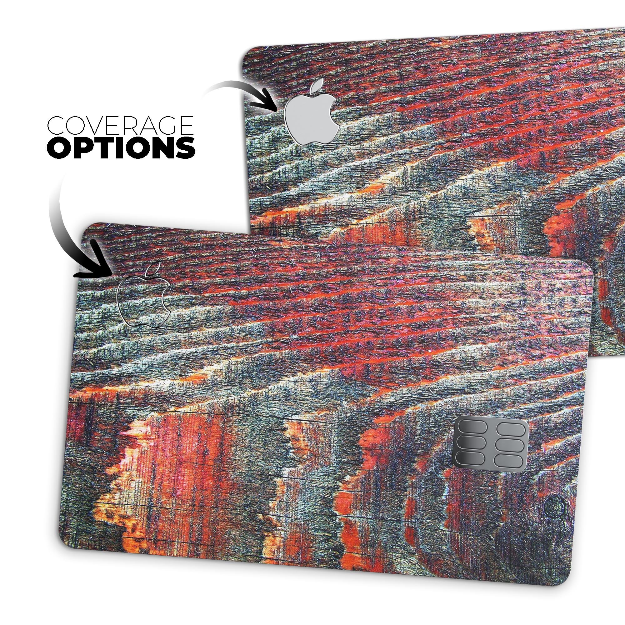 Grungy orange and teal dyed wood surface decal for Apple Card, showcasing a stylish design and premium quality.