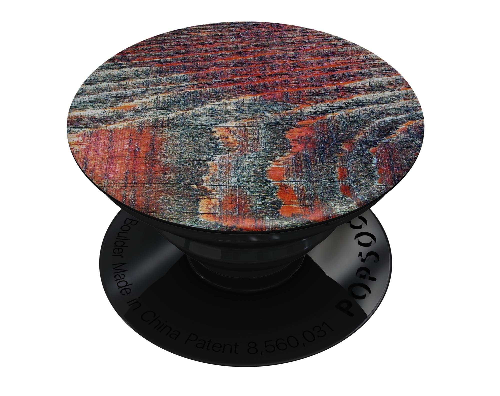 Grungy orange and teal dyed wood skin for PopSockets, showcasing a vibrant and unique design on a smartphone grip.