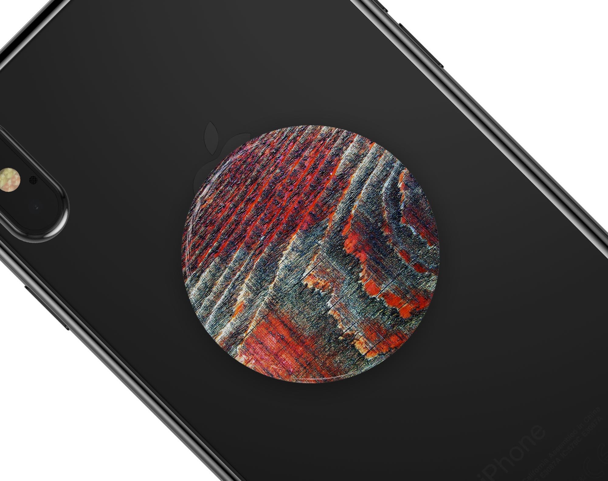 Grungy orange and teal dyed wood skin for PopSockets, showcasing a vibrant and unique design on a smartphone grip.