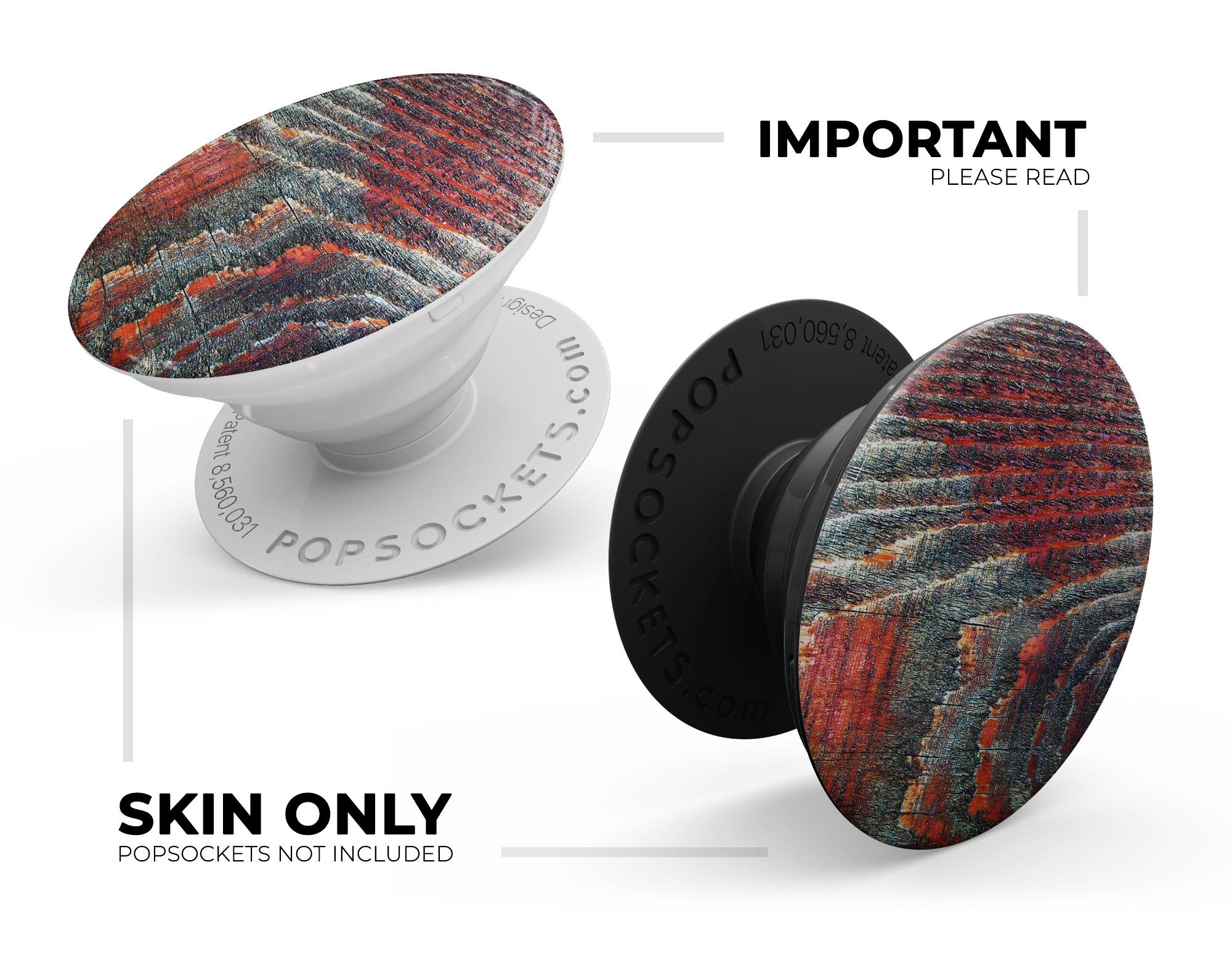 Grungy orange and teal dyed wood skin for PopSockets, showcasing a vibrant and unique design on a smartphone grip.