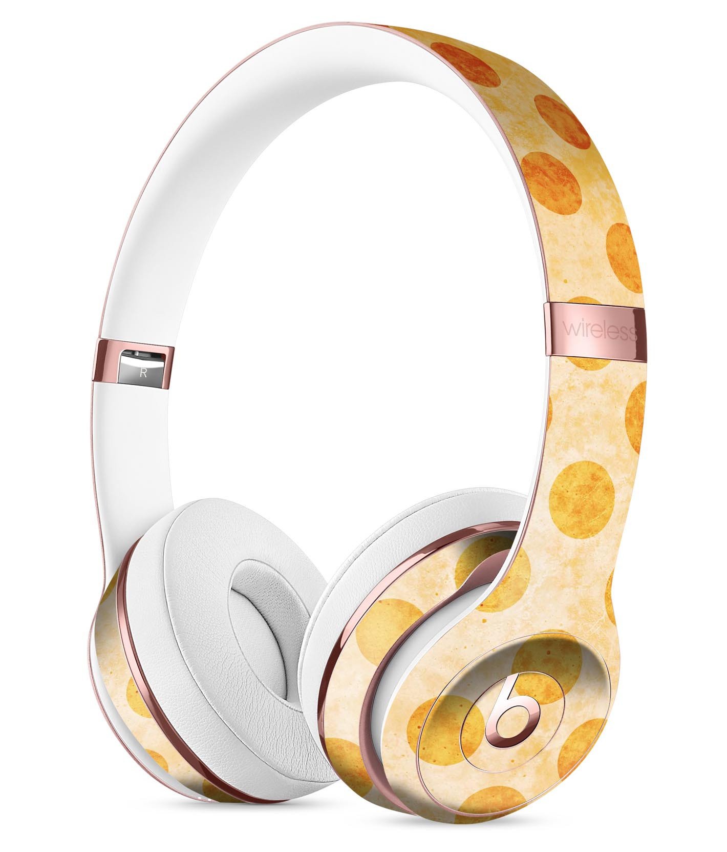 Grungy orange polka dots skin kit for Beats by Dre Solo 3 Wireless Headphones, showcasing vibrant design and premium vinyl material.