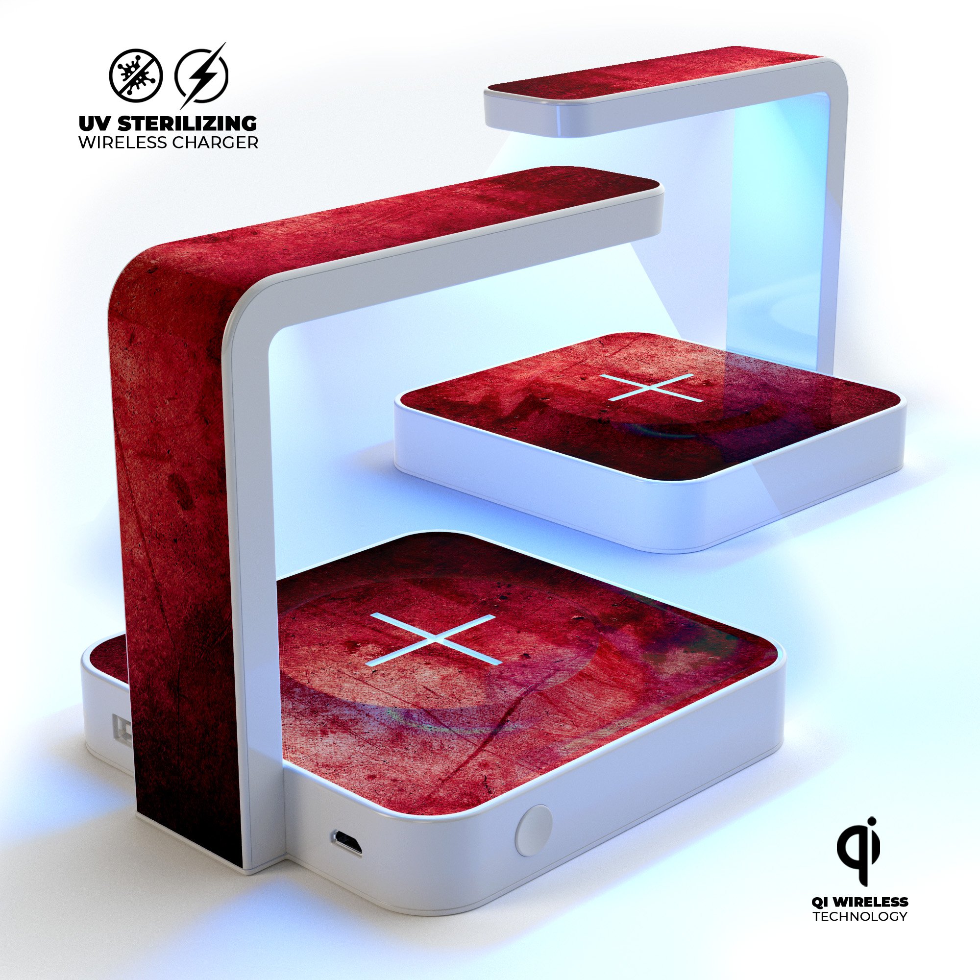 Grungy red scratched surface UV germicidal sanitizing sterilizing wireless charger with phone placed on it, showcasing its sleek design and functionality.