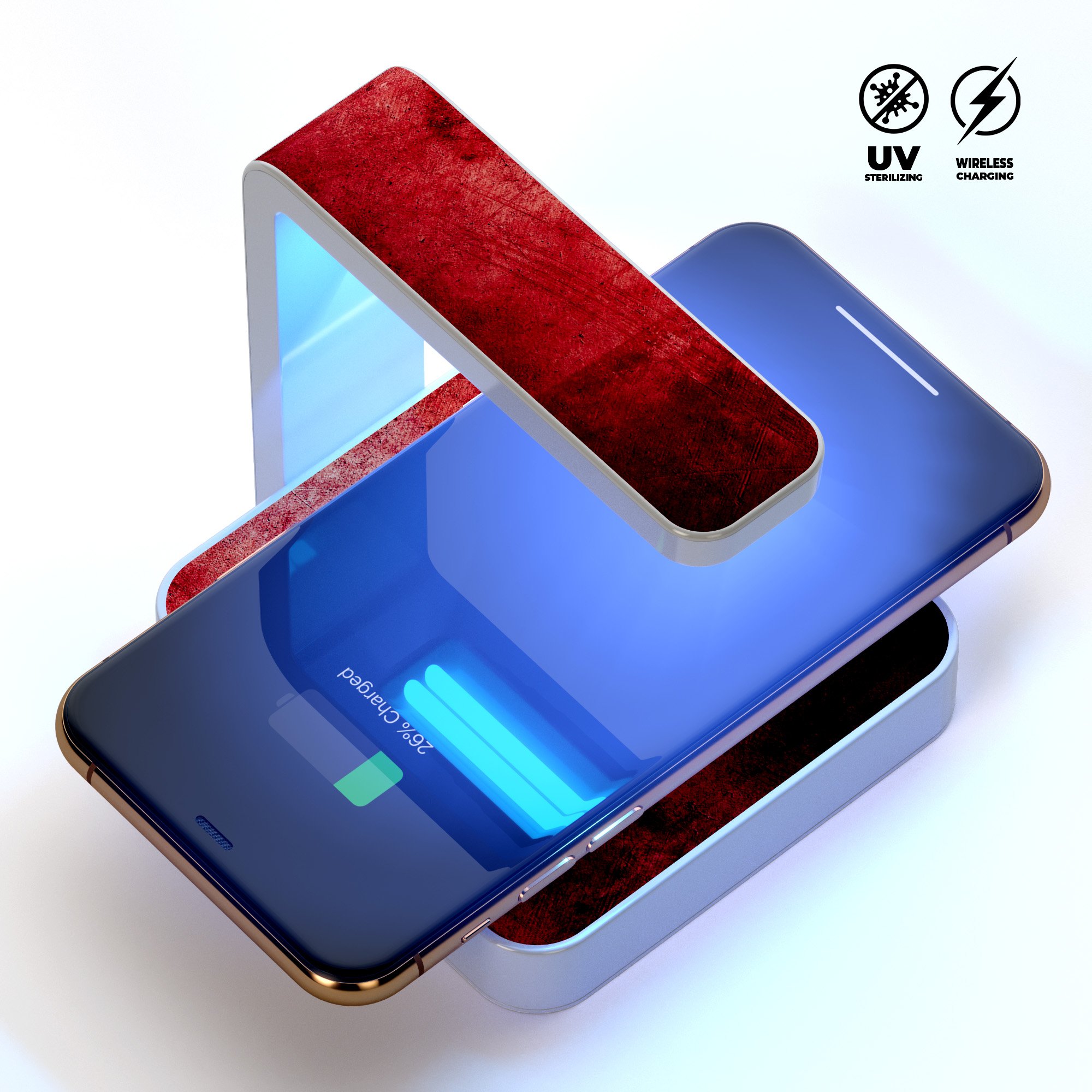 Grungy red scratched surface UV germicidal sanitizing sterilizing wireless charger with phone placed on it, showcasing its sleek design and functionality.