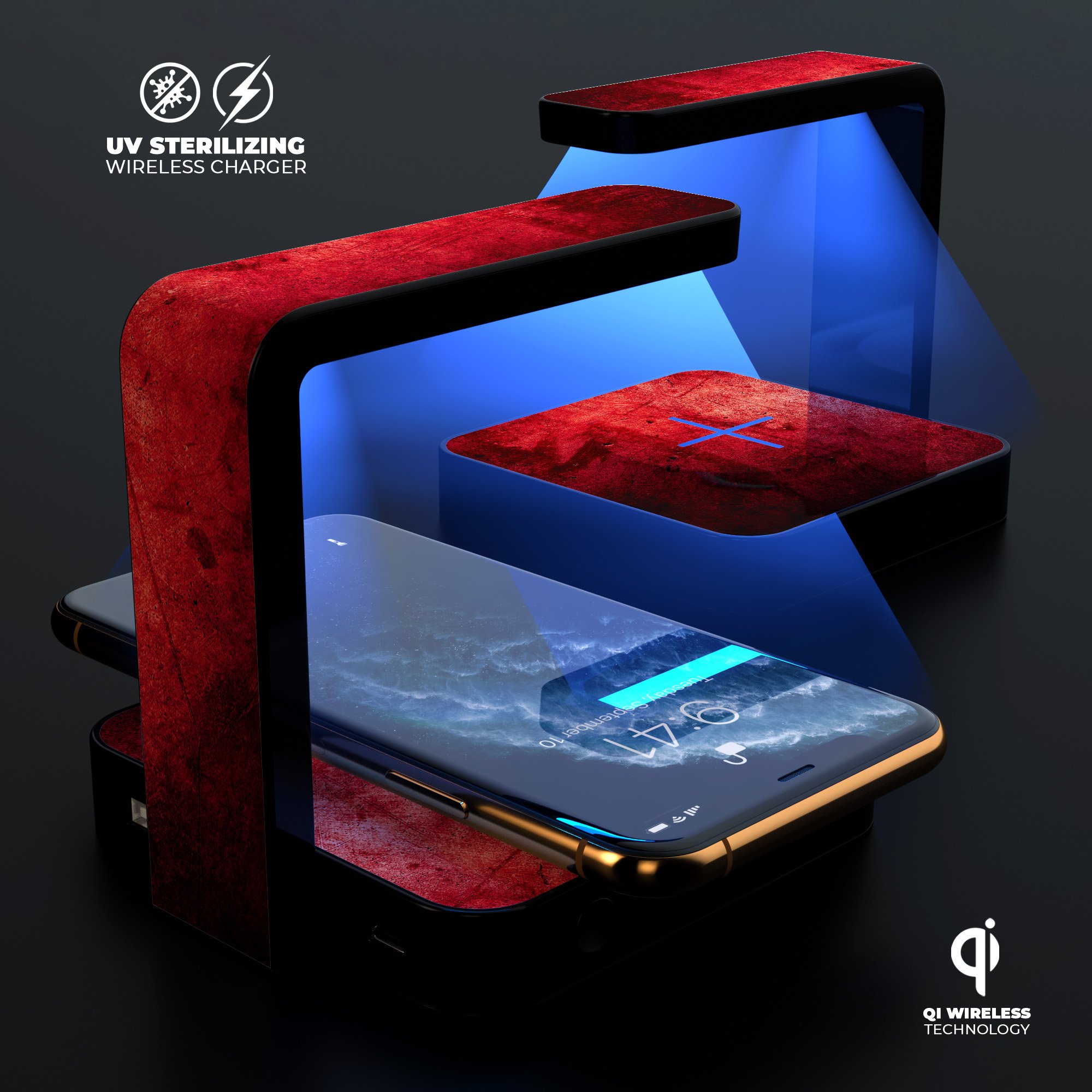 Grungy red scratched surface UV germicidal sanitizing sterilizing wireless charger with phone placed on it, showcasing its sleek design and functionality.