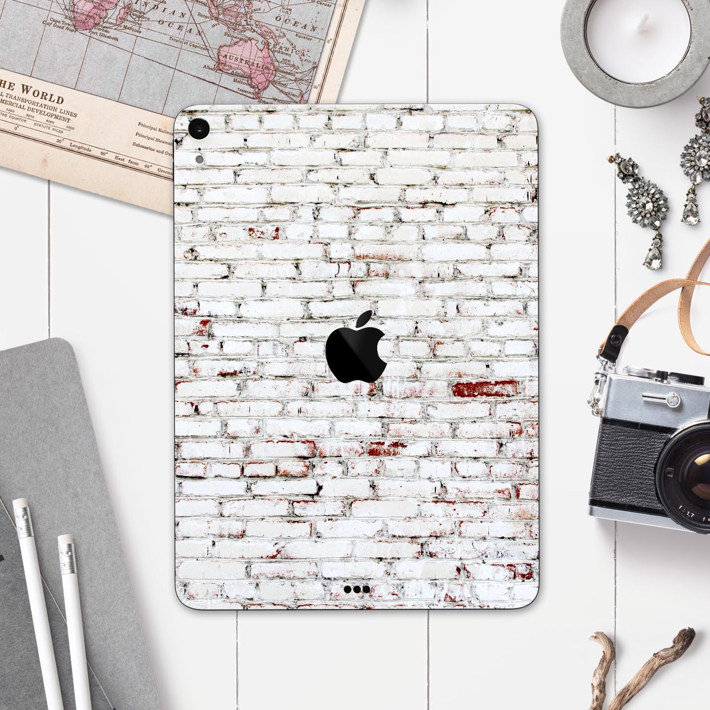 Grungy Red & White Brick Wall skin decal for Apple devices, showcasing a stylish design with a textured brick pattern.