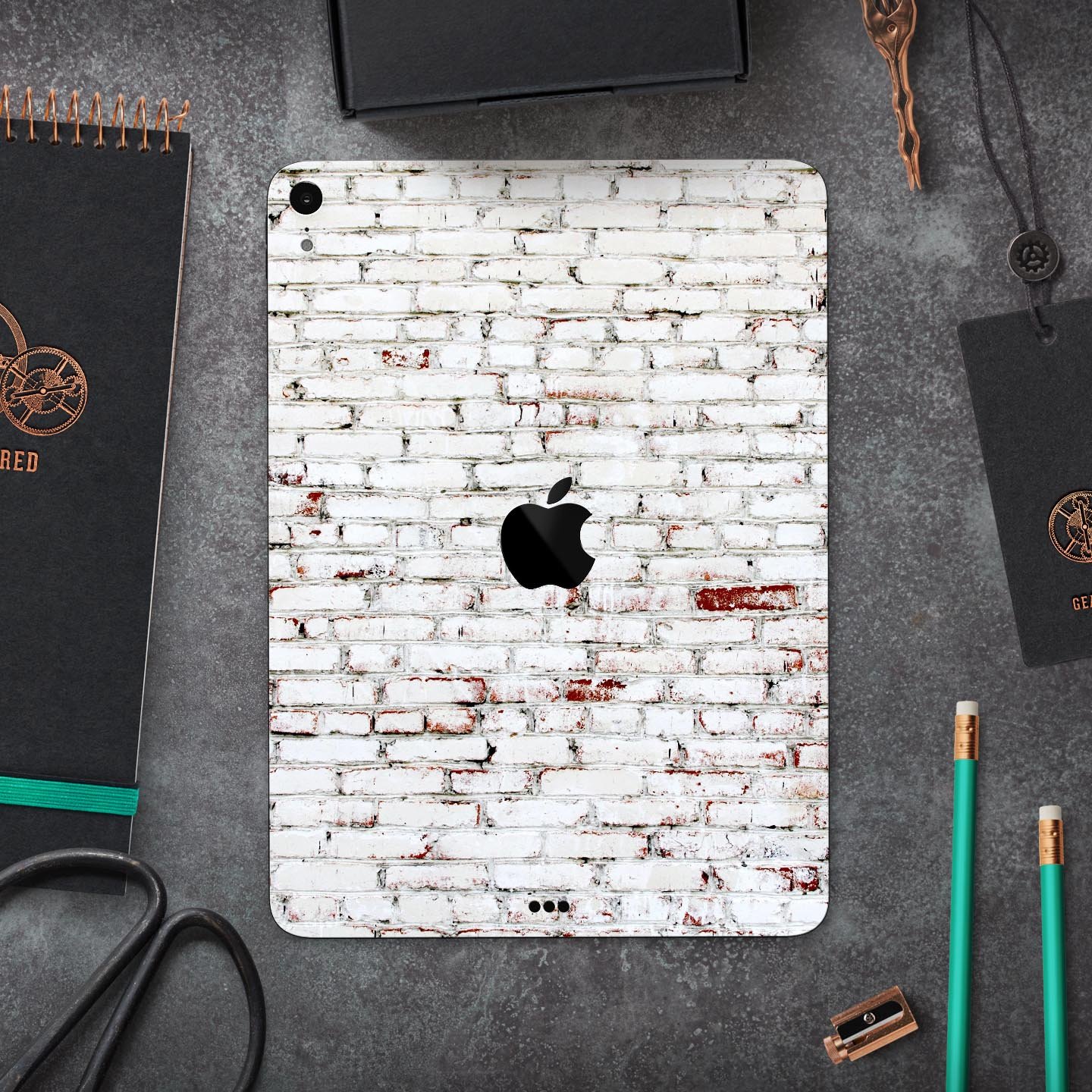 Grungy Red & White Brick Wall skin decal for Apple devices, showcasing a stylish design with a textured brick pattern.