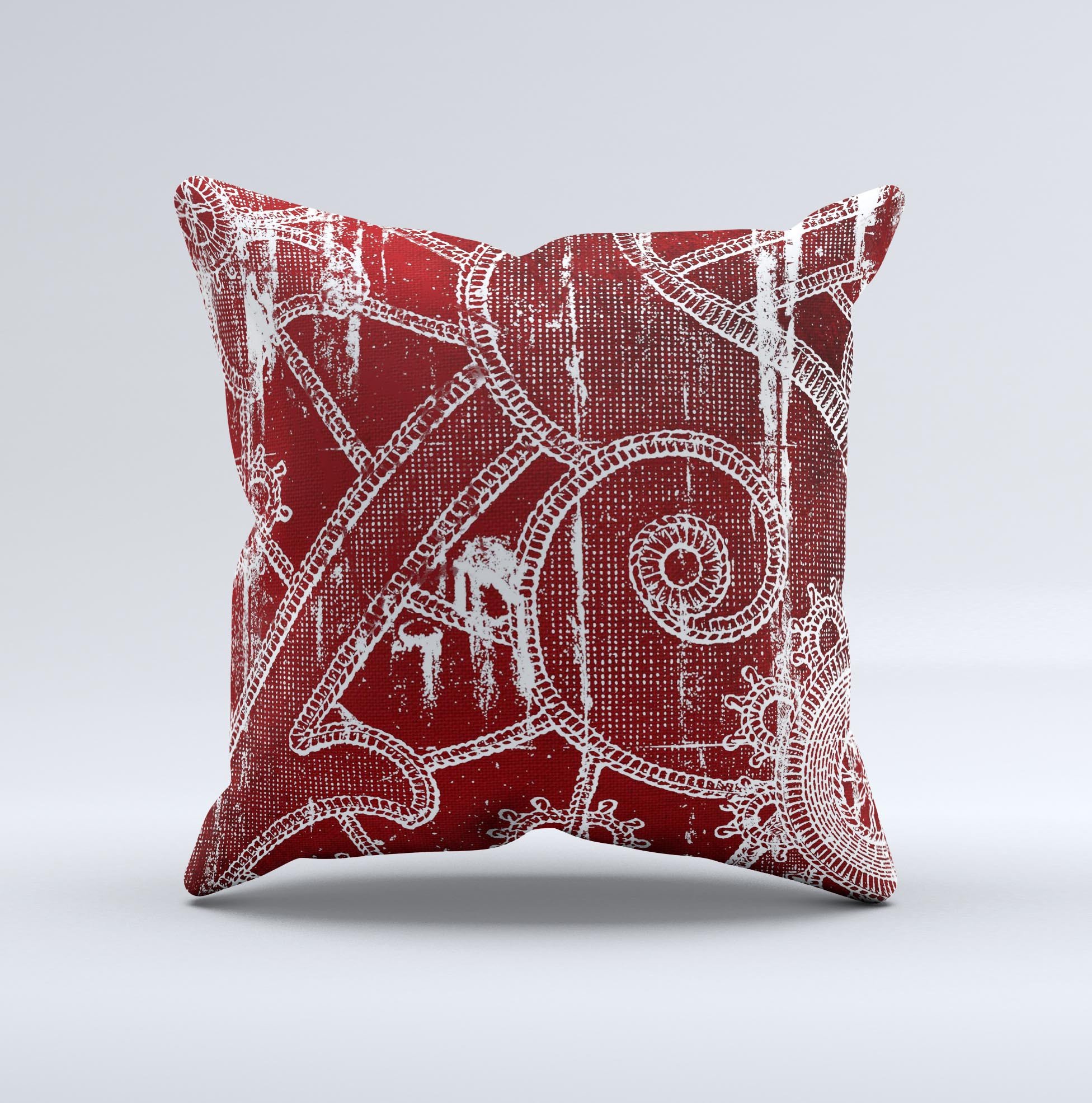 Grungy red and white stitched pattern decorative throw pillow, showcasing unique hand-crafted design and high-quality fabric.