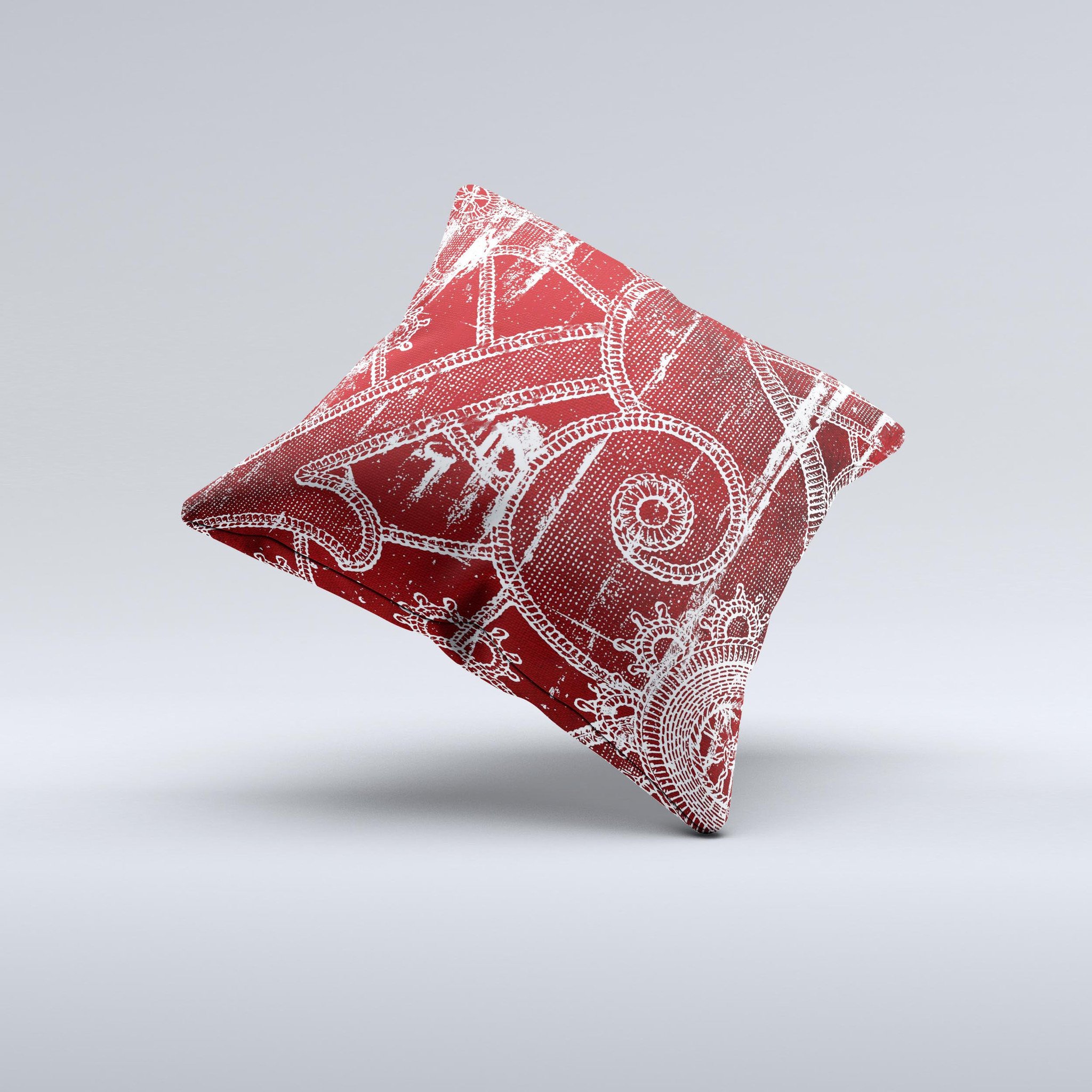 Grungy red and white stitched pattern decorative throw pillow, showcasing unique hand-crafted design and high-quality fabric.