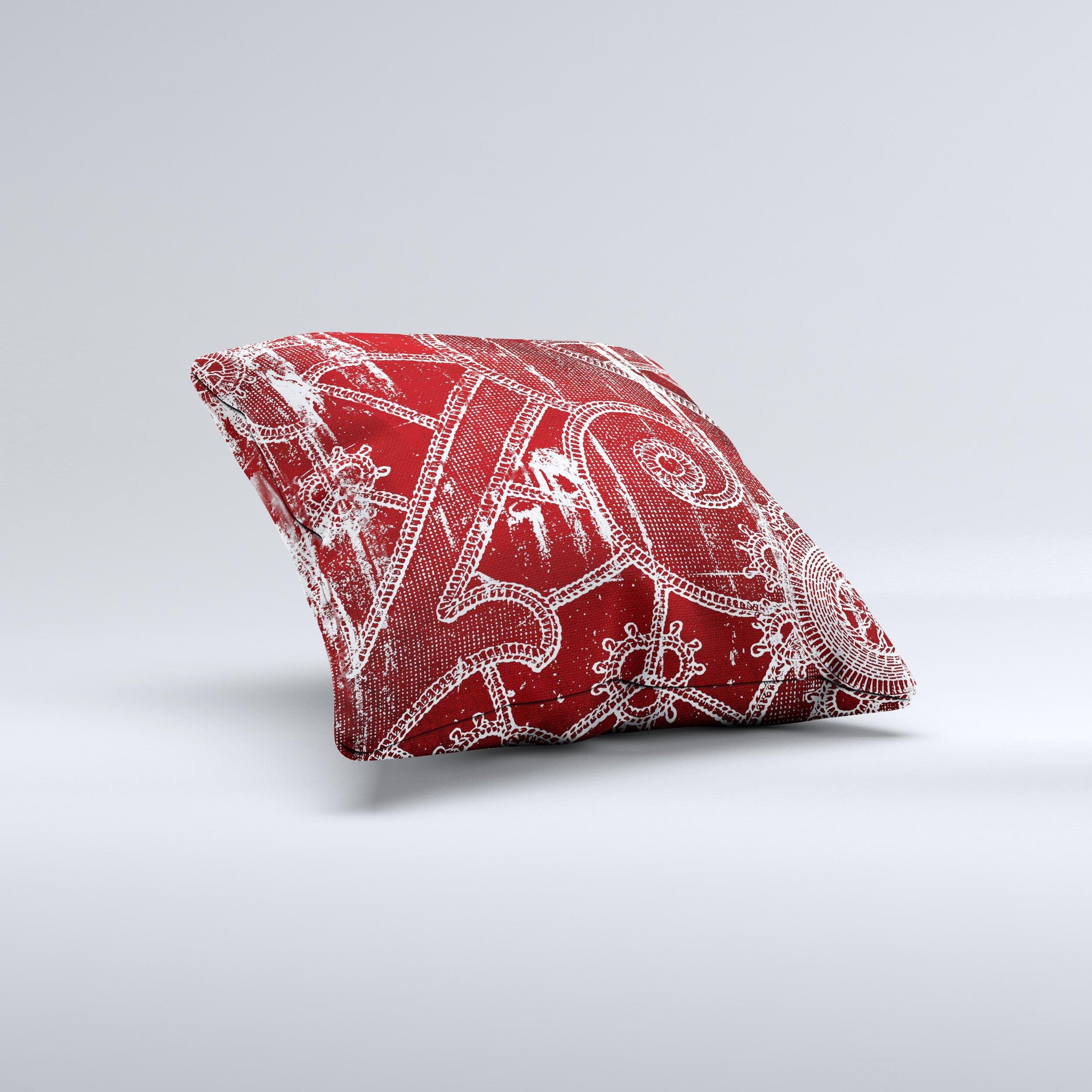 Grungy red and white stitched pattern decorative throw pillow, showcasing unique hand-crafted design and high-quality fabric.