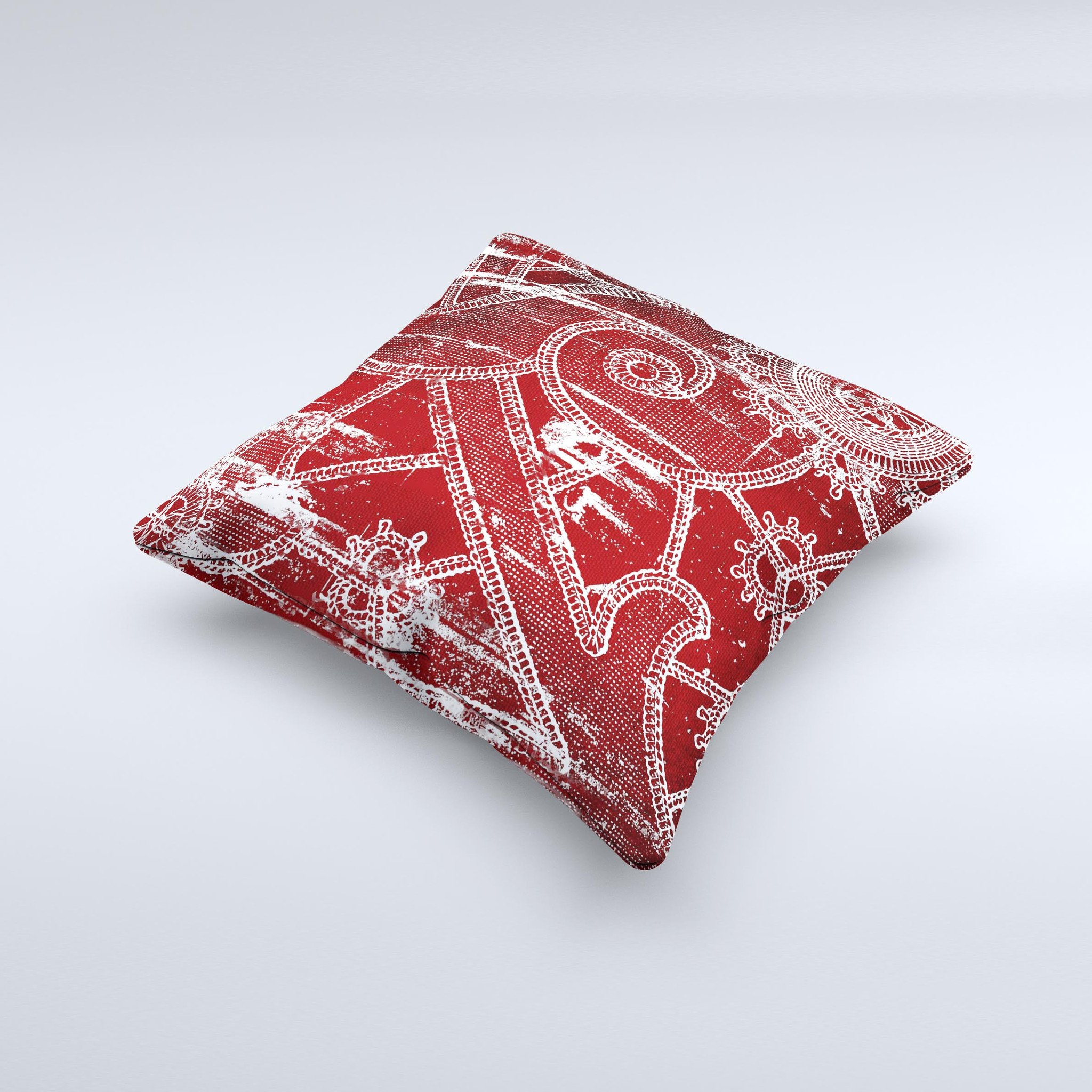 Grungy red and white stitched pattern decorative throw pillow, showcasing unique hand-crafted design and high-quality fabric.