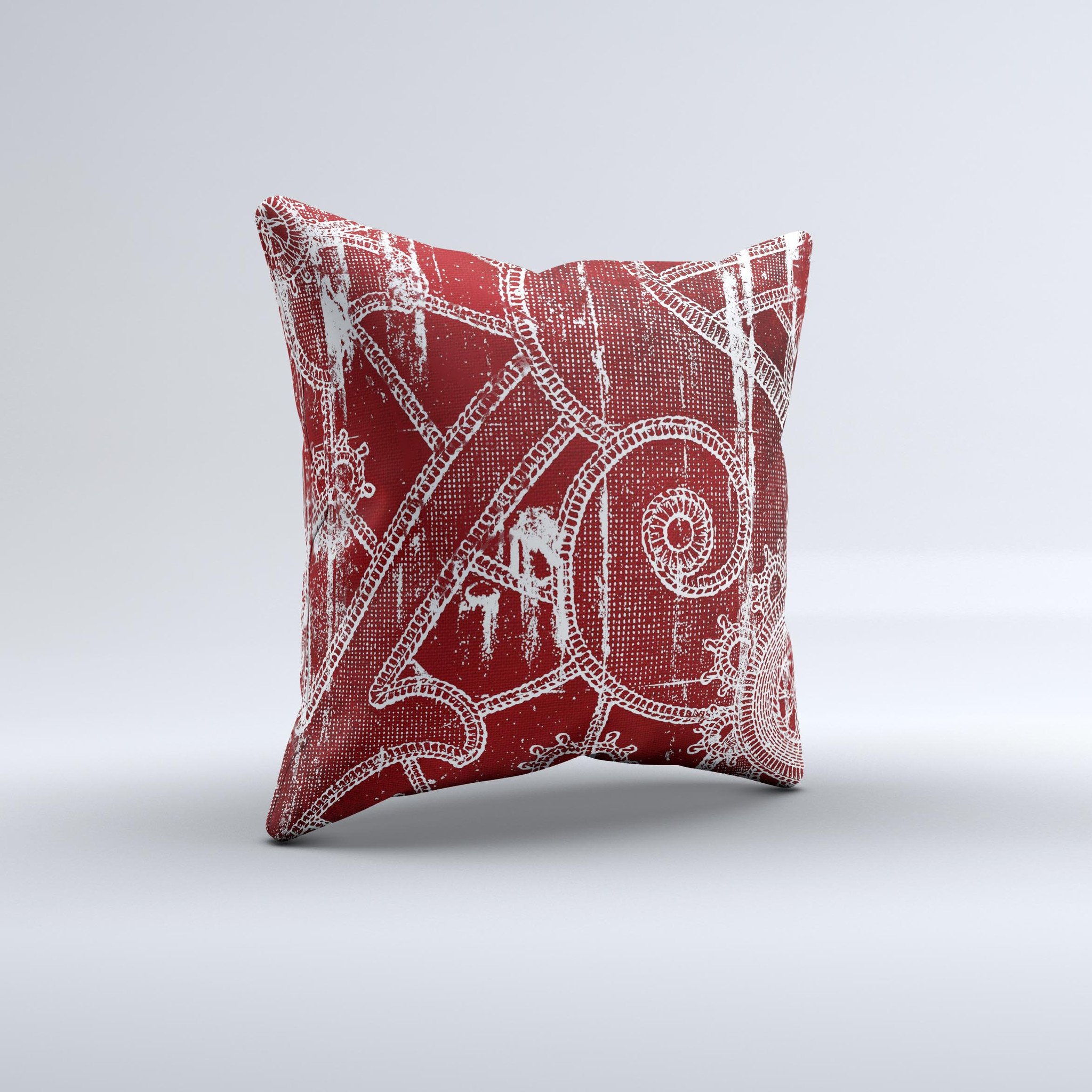 Grungy red and white stitched pattern decorative throw pillow, showcasing unique hand-crafted design and high-quality fabric.