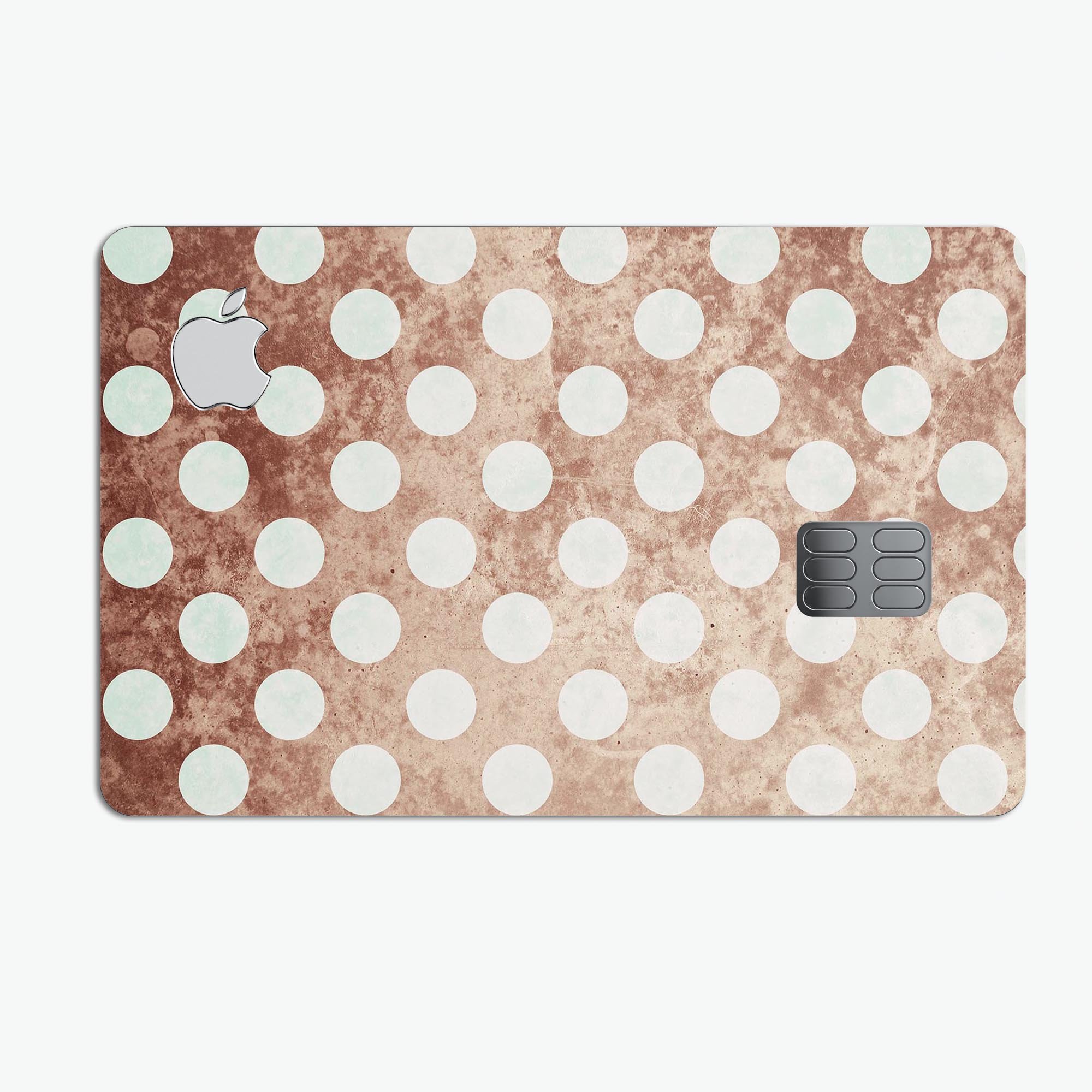 Grungy Tangerine protective decal with white polka dots for Apple Card, showcasing vibrant color and stylish design.