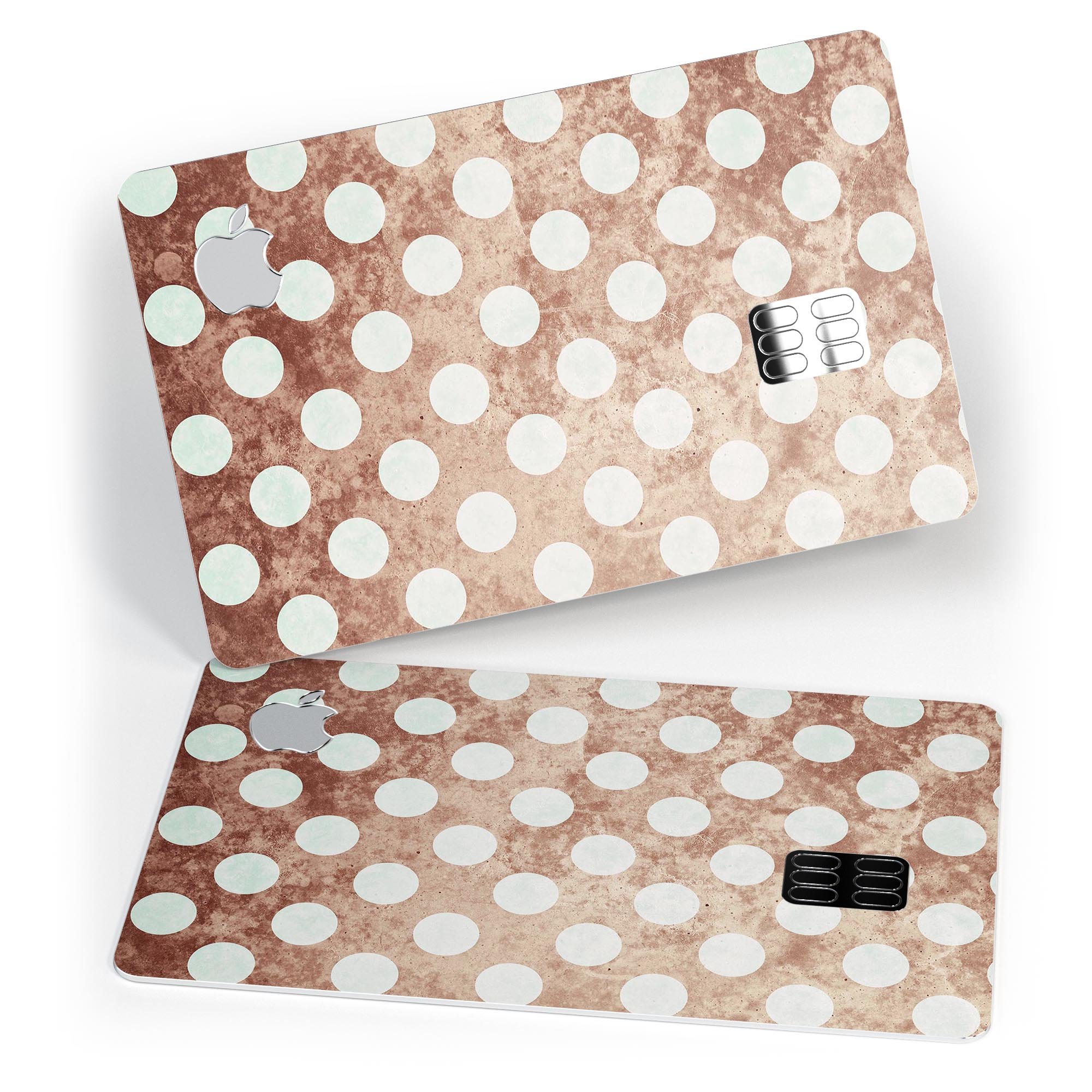 Grungy Tangerine protective decal with white polka dots for Apple Card, showcasing vibrant color and stylish design.