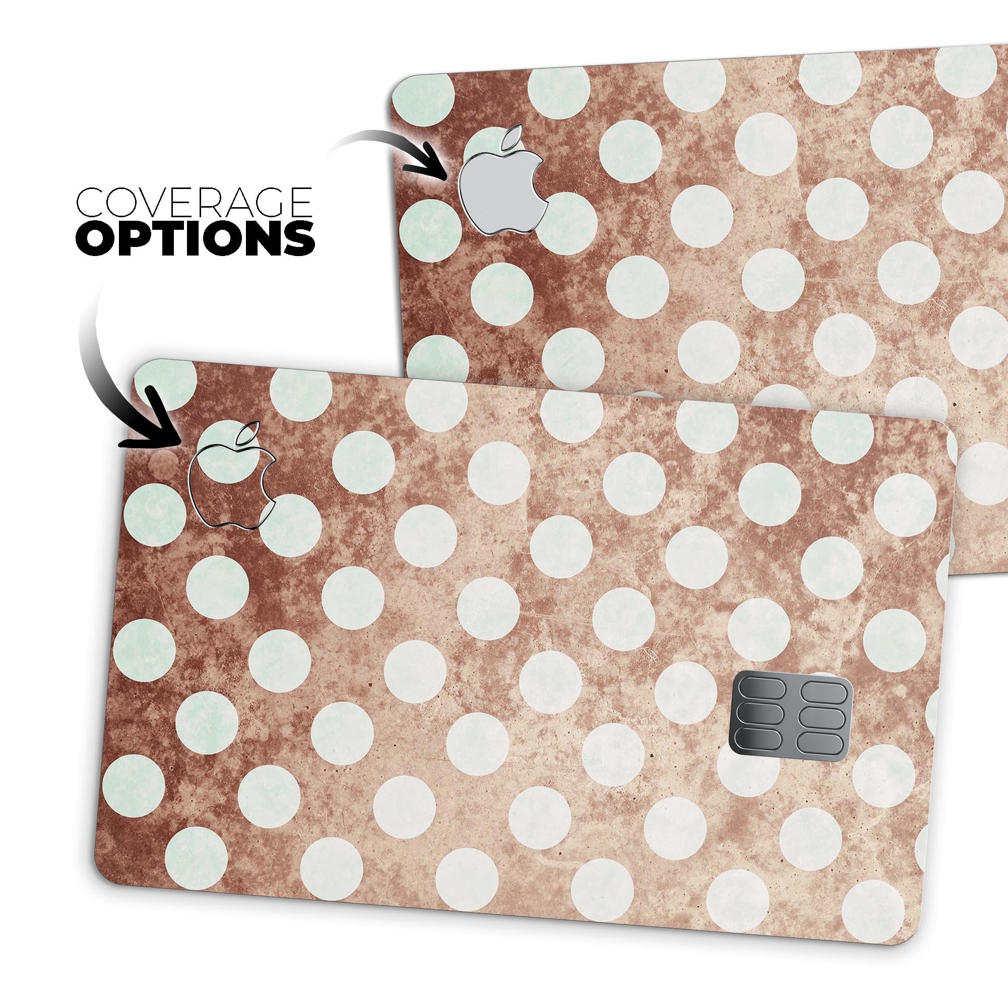 Grungy Tangerine protective decal with white polka dots for Apple Card, showcasing vibrant color and stylish design.