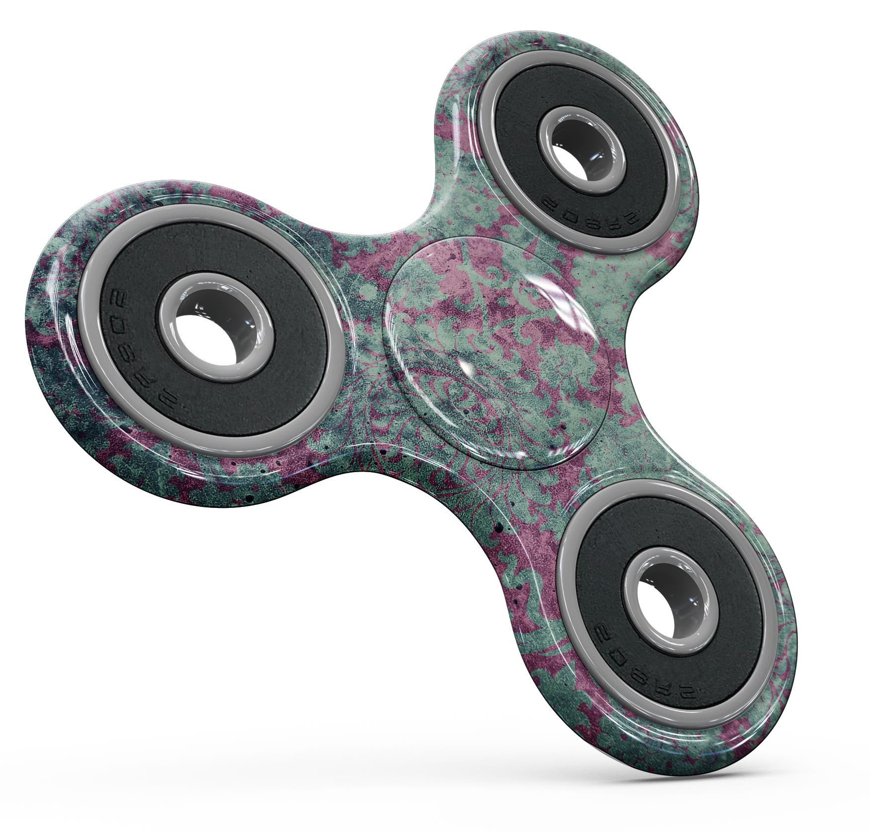 Grungy teal and pink damask pattern skin kit for fidget spinner, showcasing vibrant colors and intricate design.