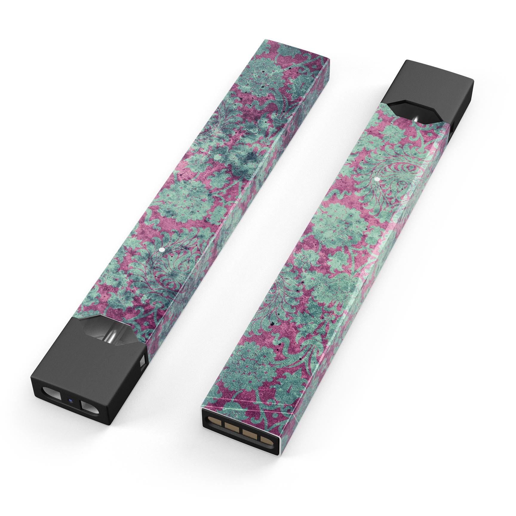 Grungy teal and pink damask pattern decal for JUUL vaping device, showcasing vibrant colors and intricate design.