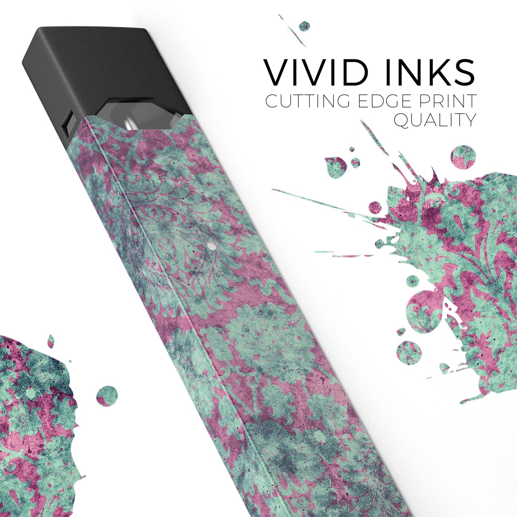 Grungy teal and pink damask pattern decal for JUUL vaping device, showcasing vibrant colors and intricate design.