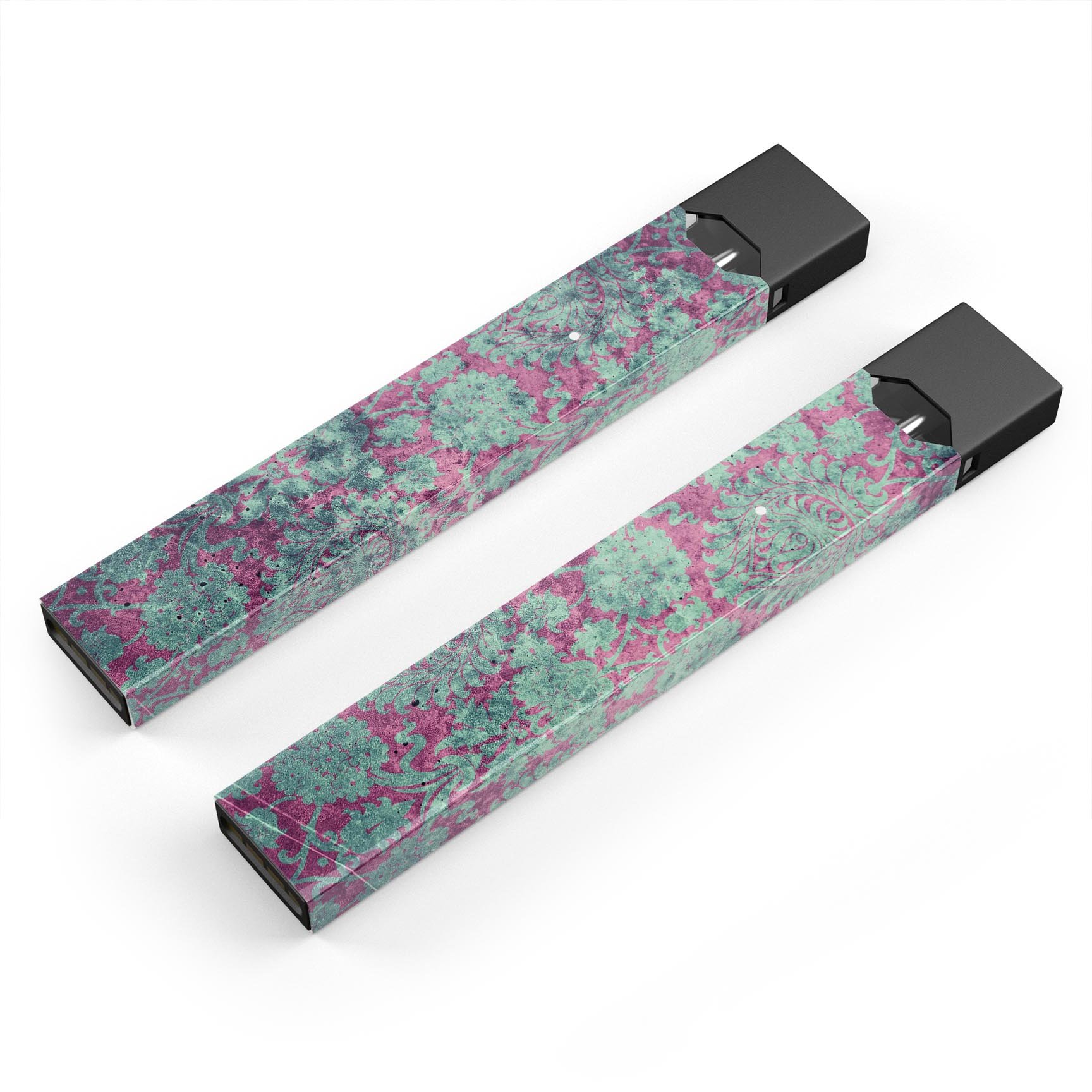 Grungy teal and pink damask pattern decal for JUUL vaping device, showcasing vibrant colors and intricate design.