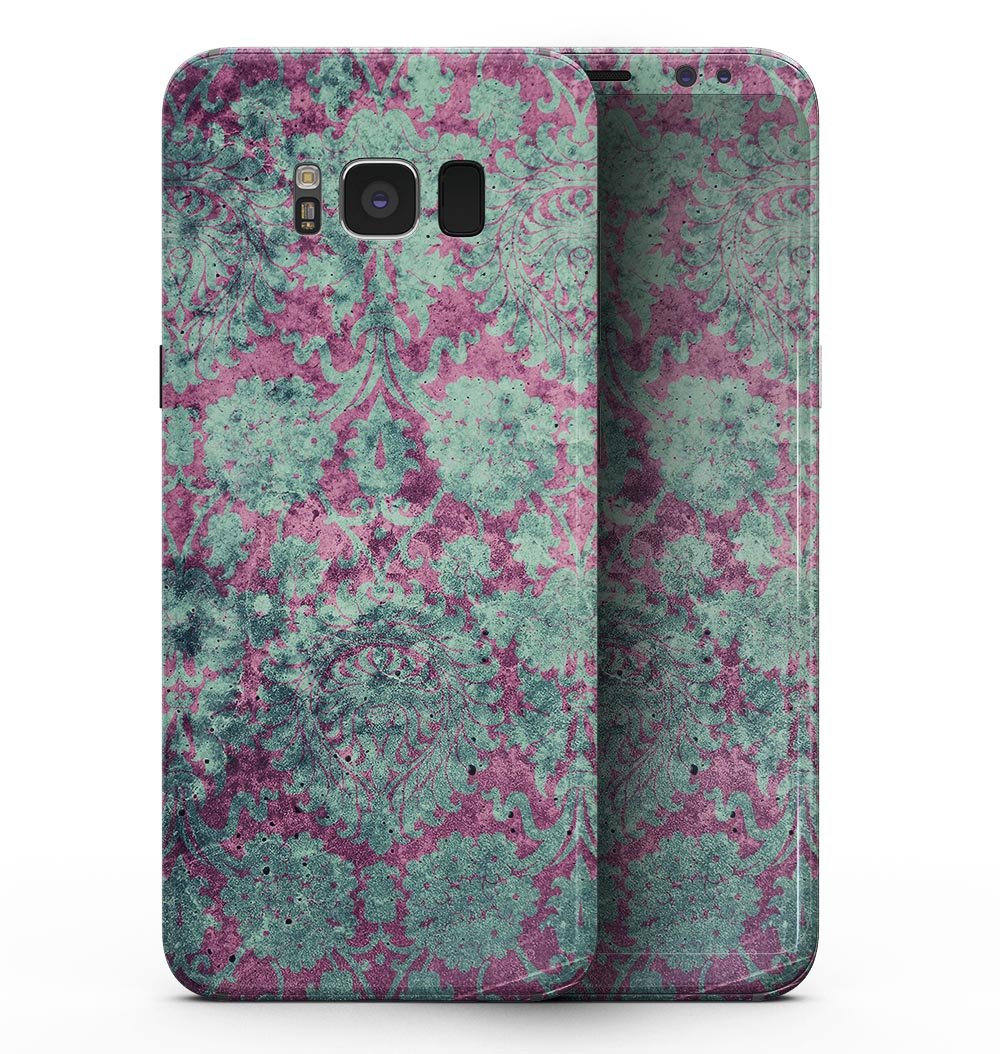 Grungy Teal and Pink Damask Pattern skin for Samsung Galaxy S8, showcasing vibrant colors and intricate design.