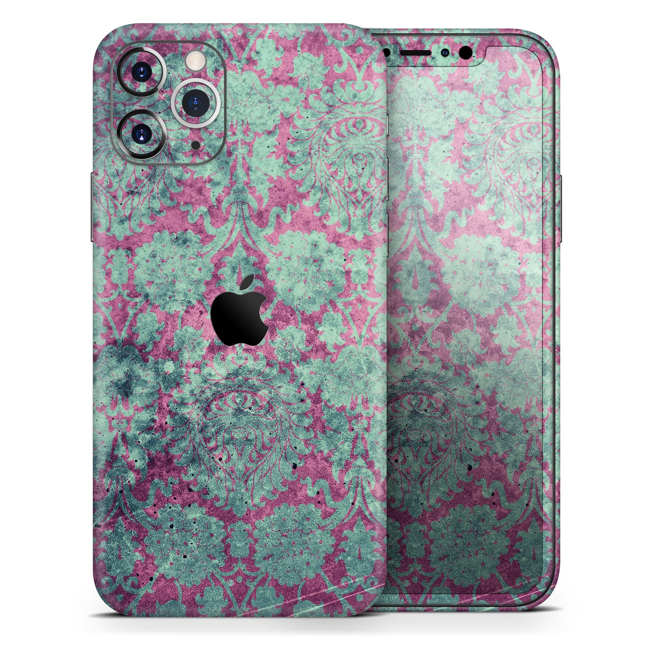 Grungy teal and pink damask pattern skin for iPhone 11, showcasing vibrant colors and intricate design.