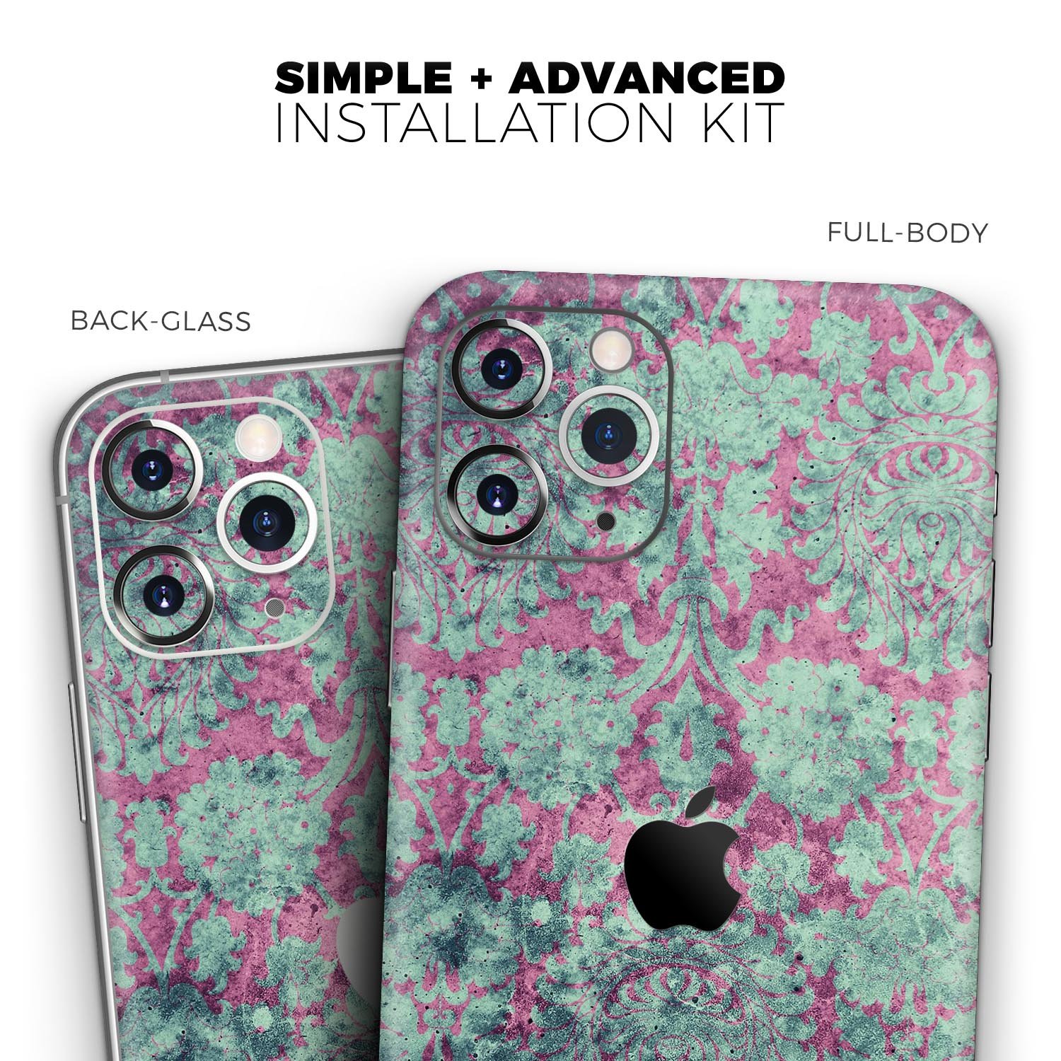 Grungy teal and pink damask pattern skin for iPhone 11, showcasing vibrant colors and intricate design.