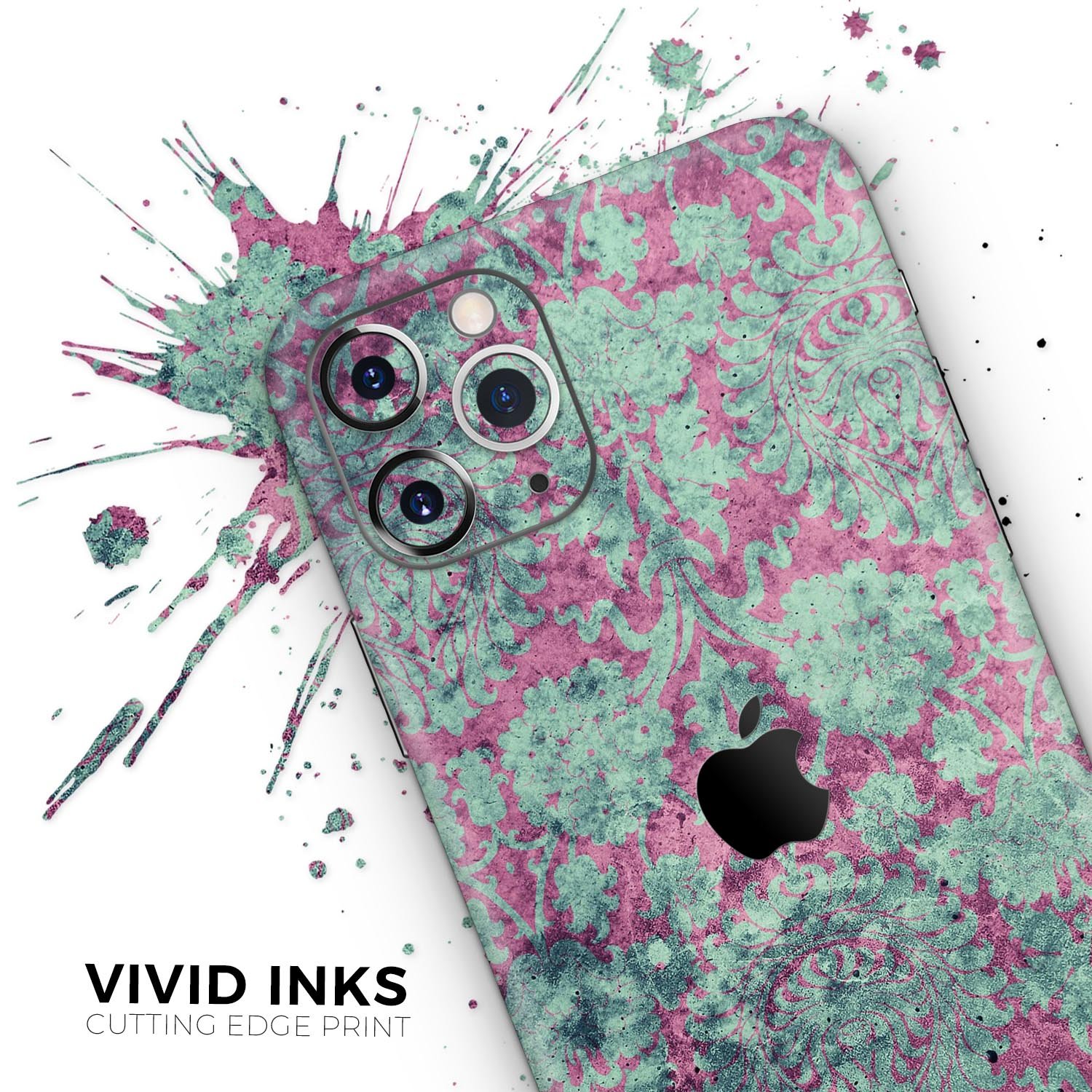 Grungy teal and pink damask pattern skin for iPhone 11, showcasing vibrant colors and intricate design.