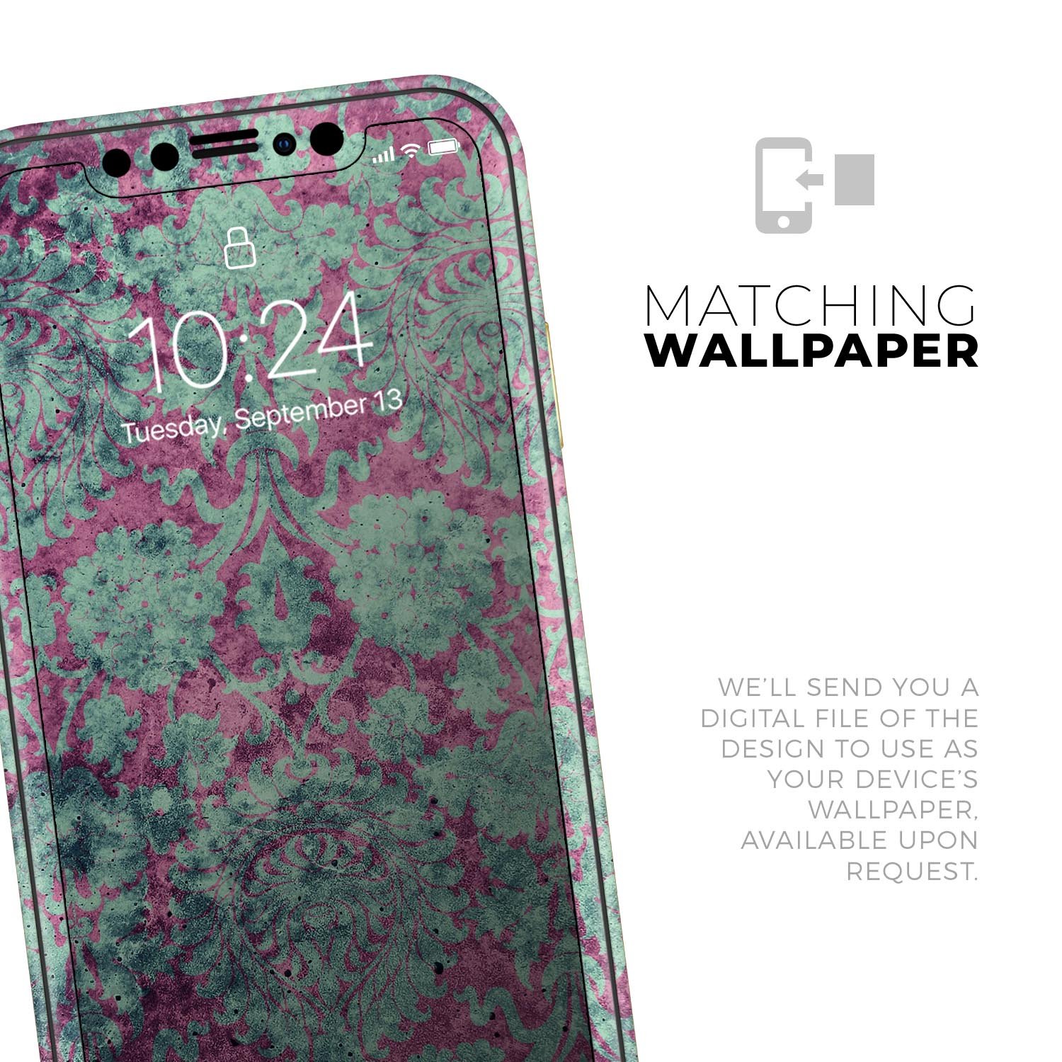 Grungy teal and pink damask pattern skin for iPhone 11, showcasing vibrant colors and intricate design.