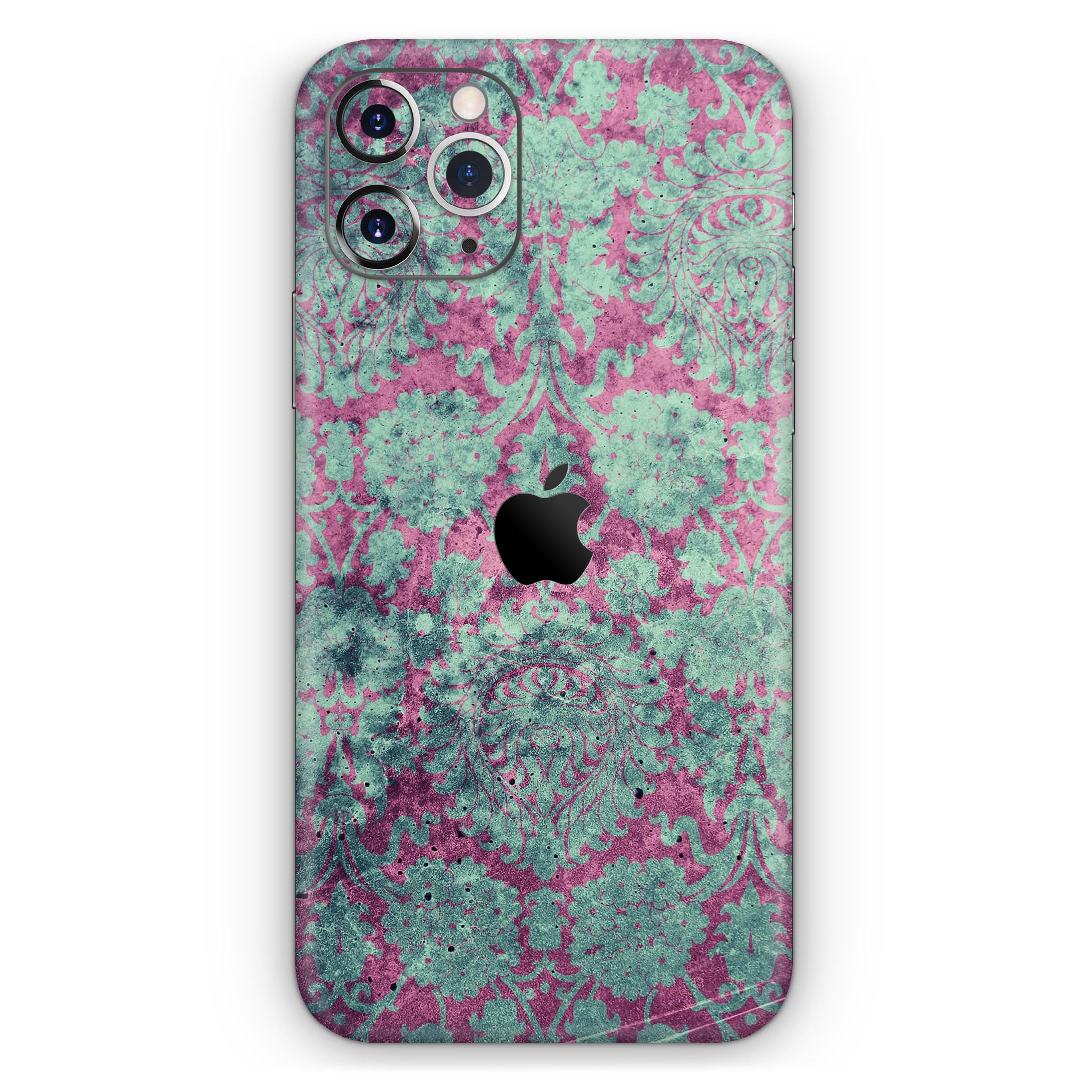 Grungy teal and pink damask pattern skin for iPhone 11, showcasing vibrant colors and intricate design.