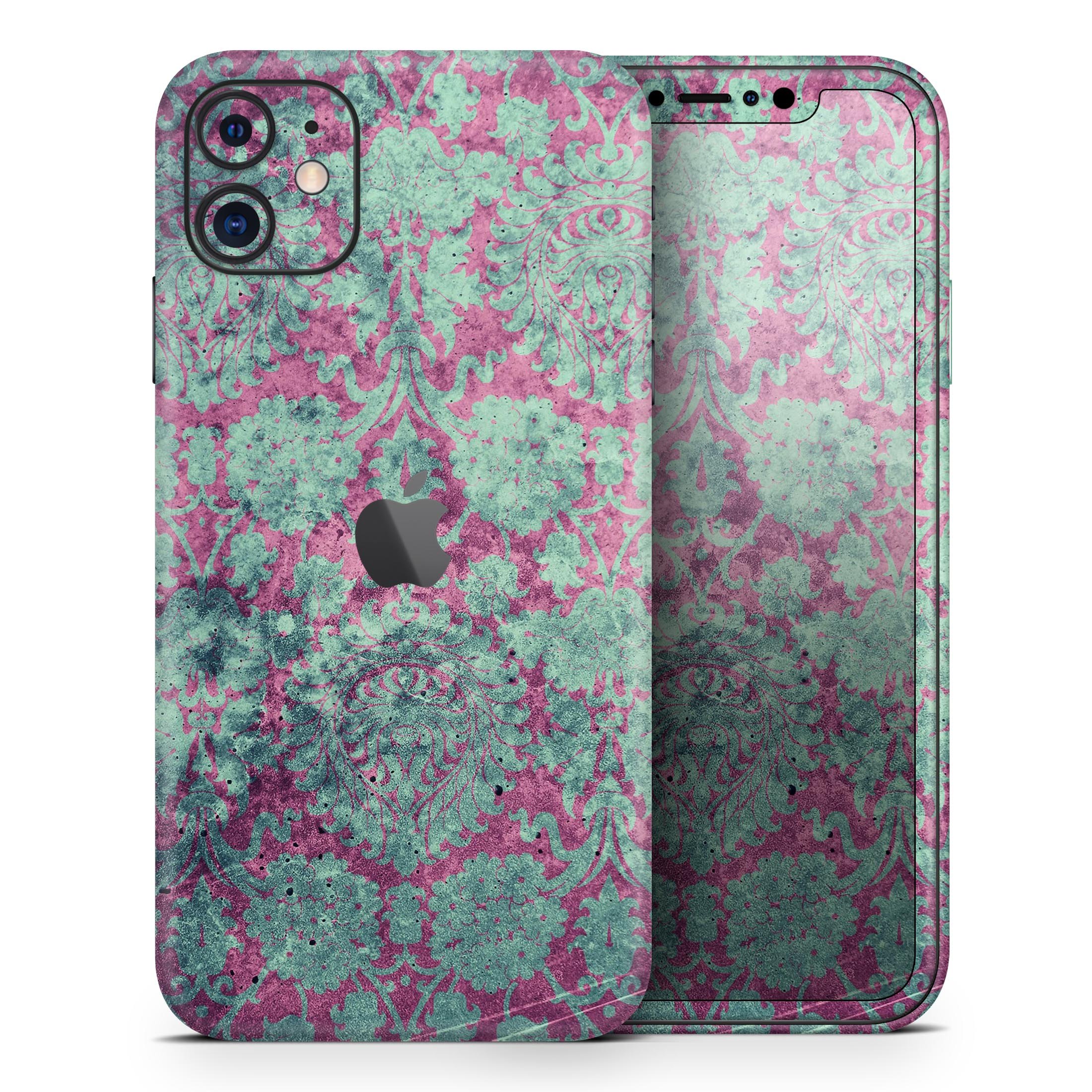 Grungy teal and pink damask pattern skin for iPhone 11, showcasing vibrant colors and intricate design.