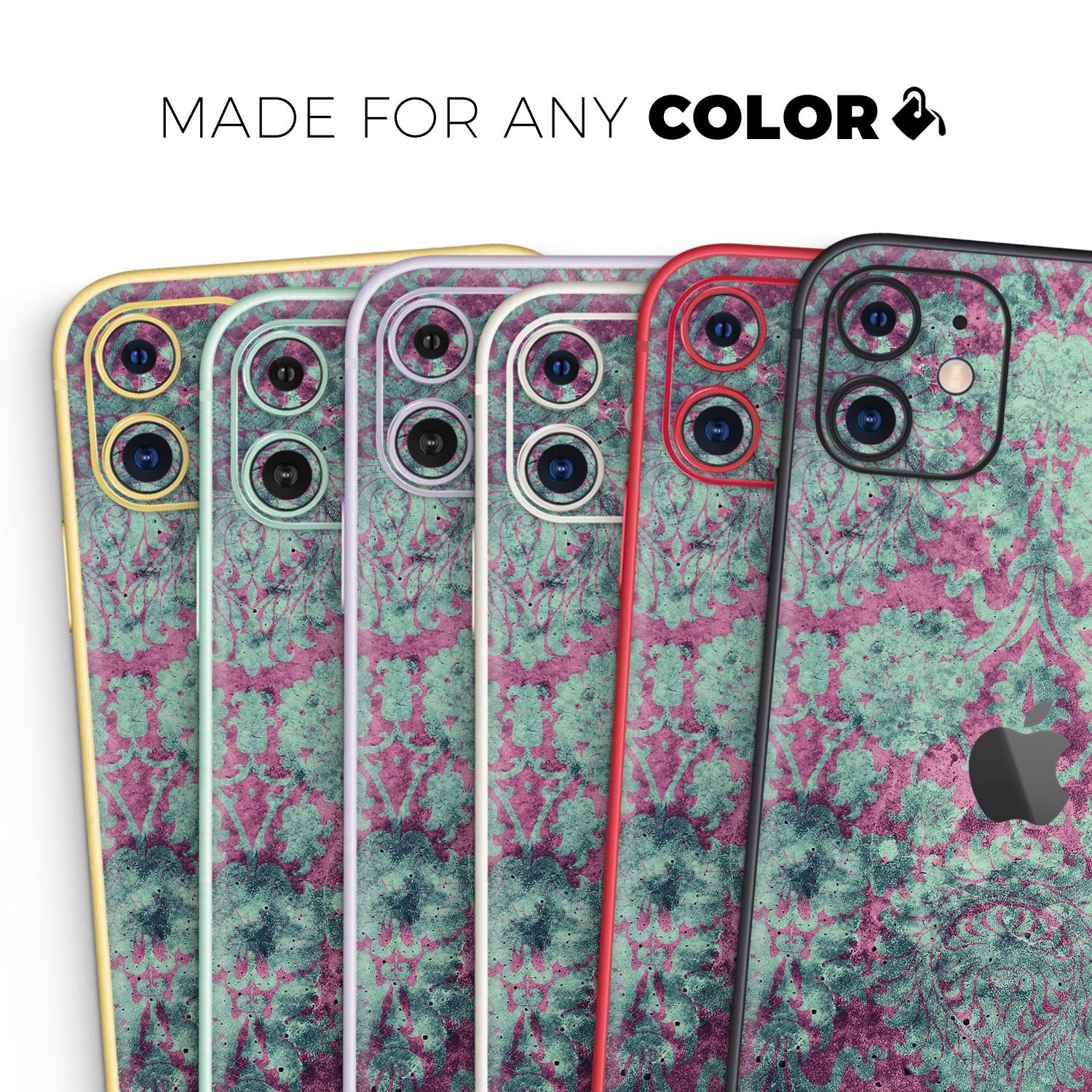 Grungy teal and pink damask pattern skin for iPhone 11, showcasing vibrant colors and intricate design.