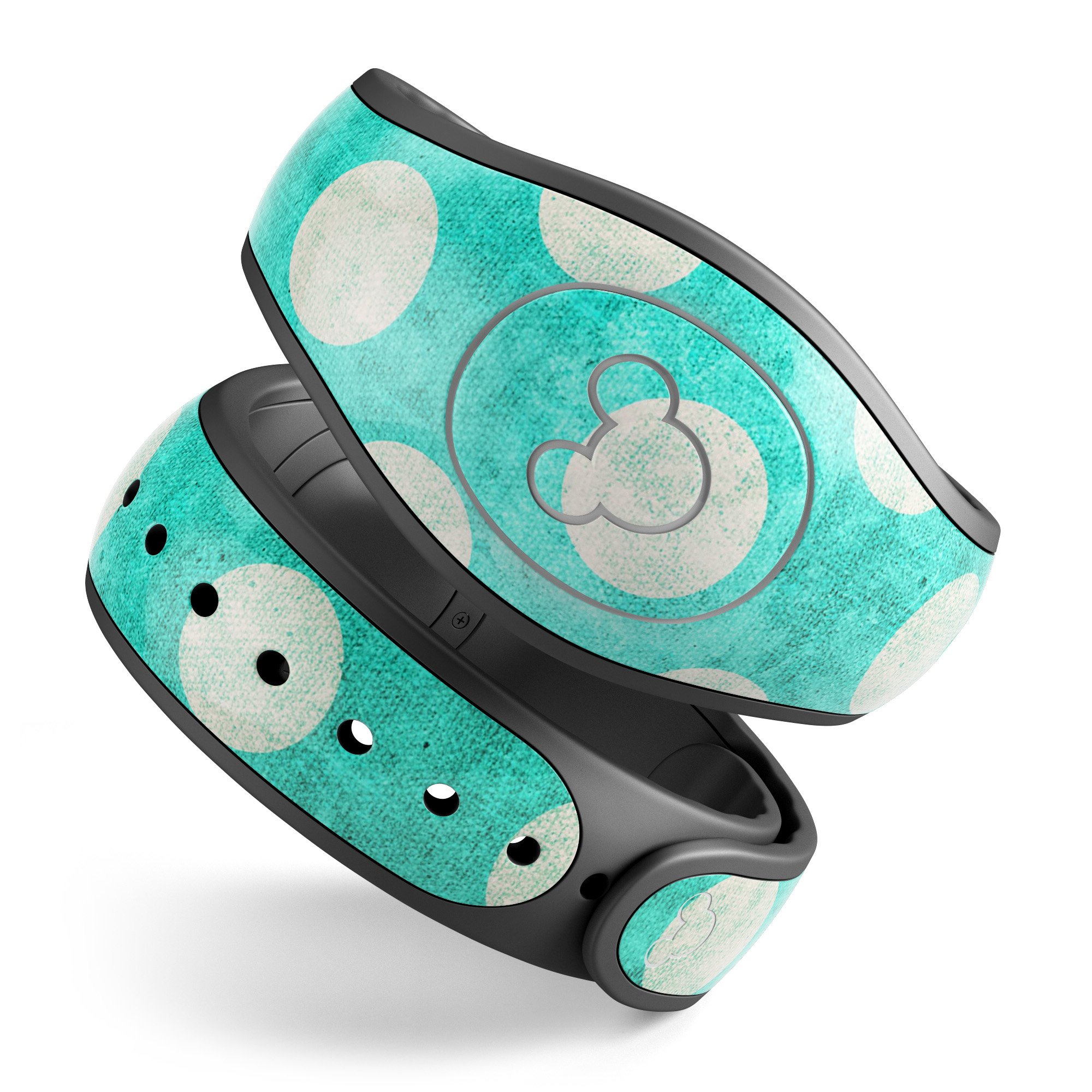 Grungy teal and white polka dots decal skin wrap kit for Disney Magic Band, showcasing vibrant colors and unique design.