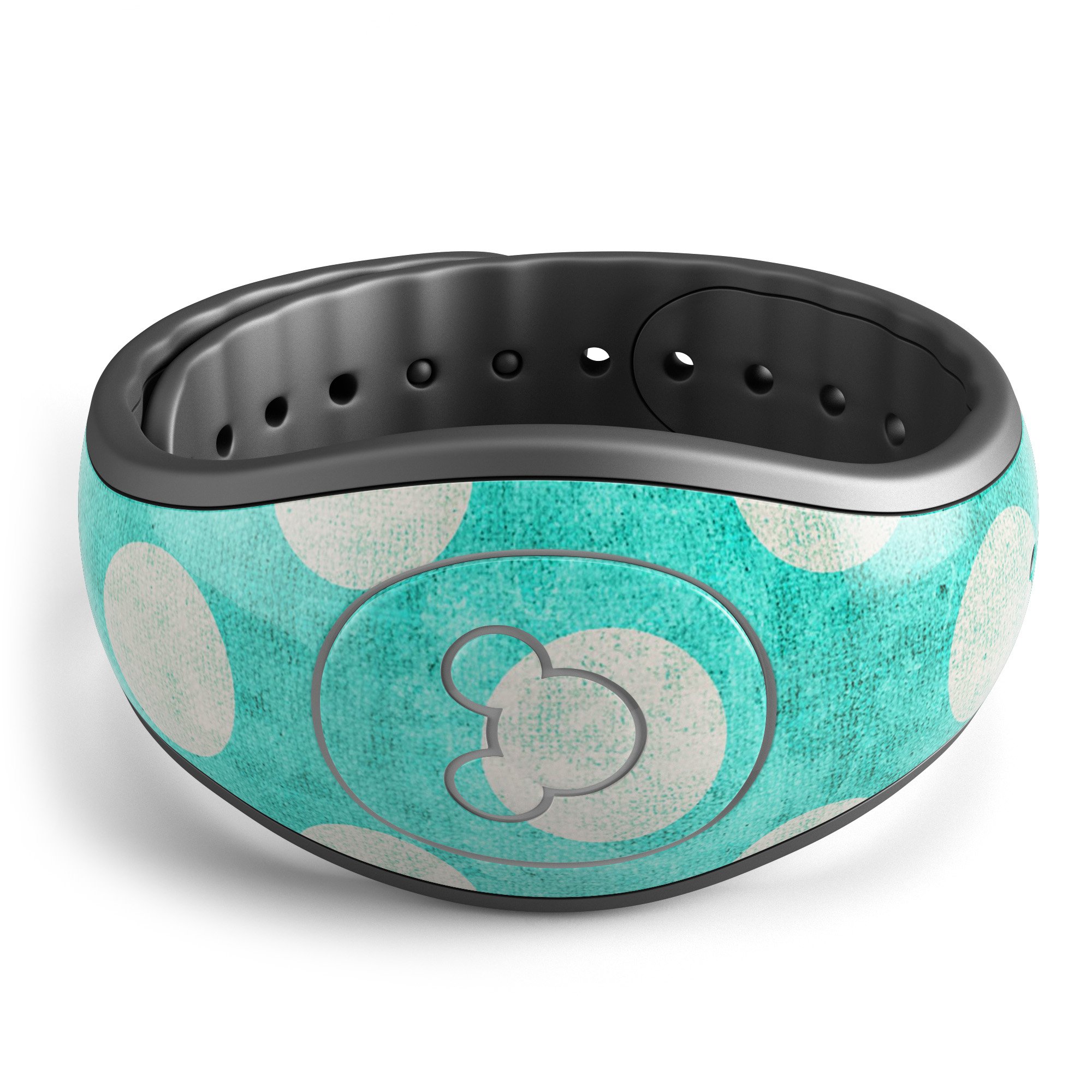 Grungy teal and white polka dots decal skin wrap kit for Disney Magic Band, showcasing vibrant colors and unique design.