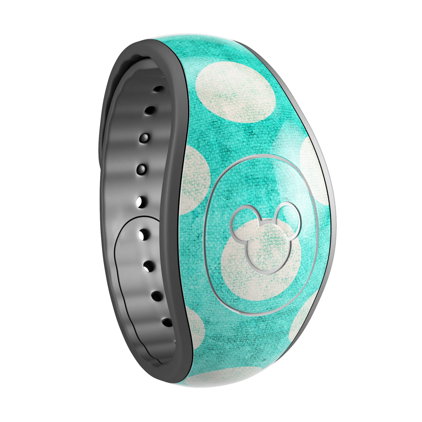 Grungy teal and white polka dots decal skin wrap kit for Disney Magic Band, showcasing vibrant colors and unique design.