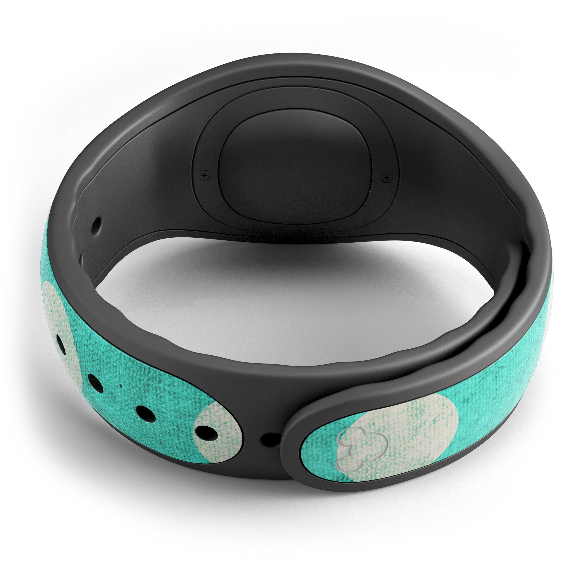 Grungy teal and white polka dots decal skin wrap kit for Disney Magic Band, showcasing vibrant colors and unique design.