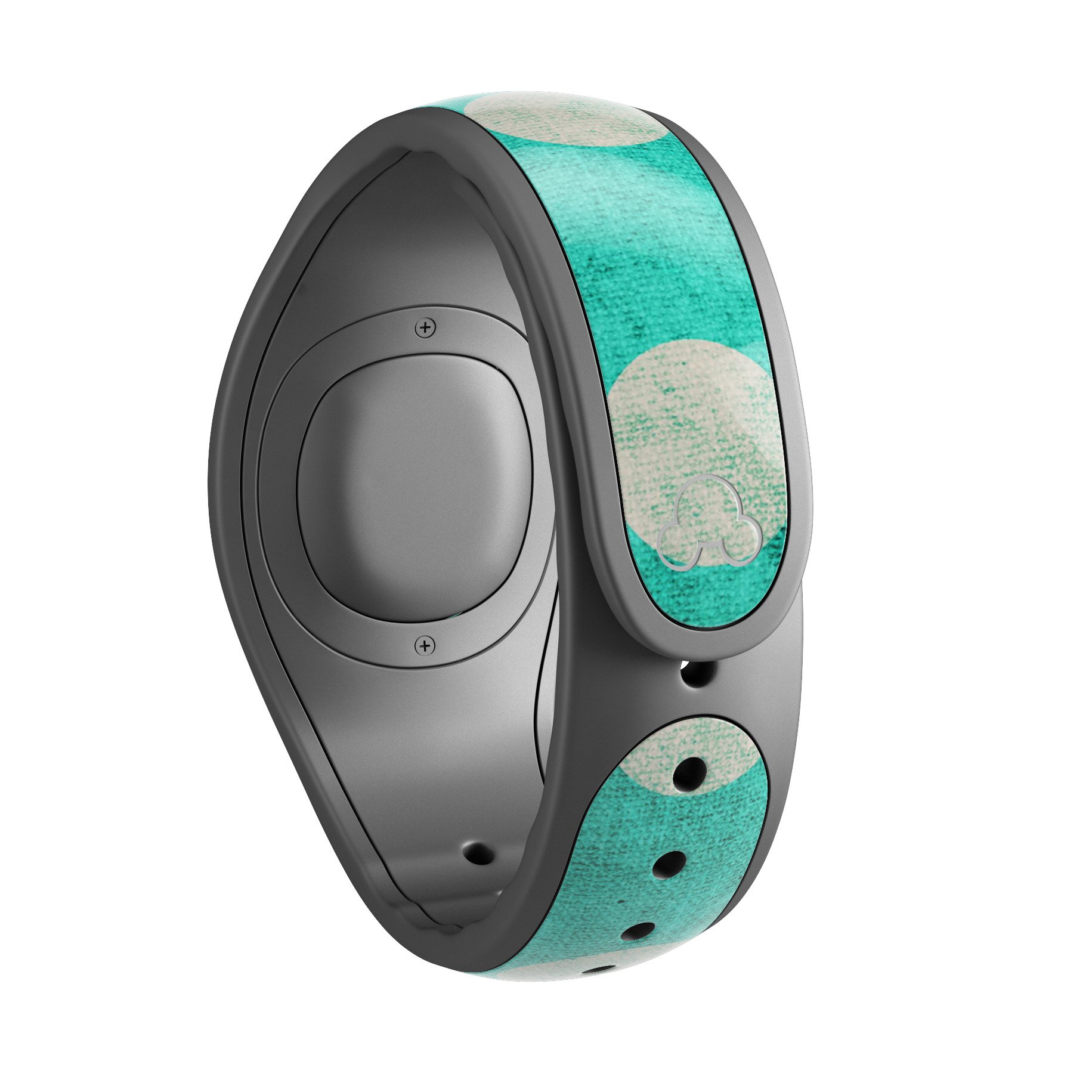 Grungy teal and white polka dots decal skin wrap kit for Disney Magic Band, showcasing vibrant colors and unique design.