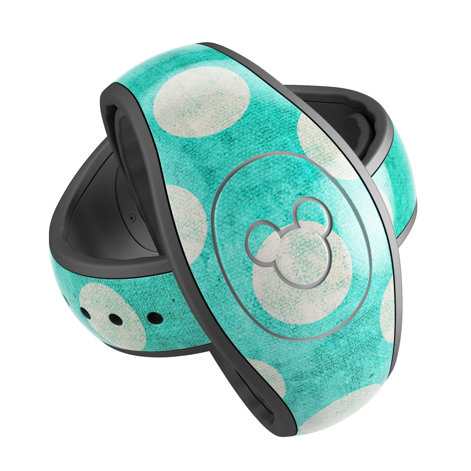 Grungy teal and white polka dots decal skin wrap kit for Disney Magic Band, showcasing vibrant colors and unique design.