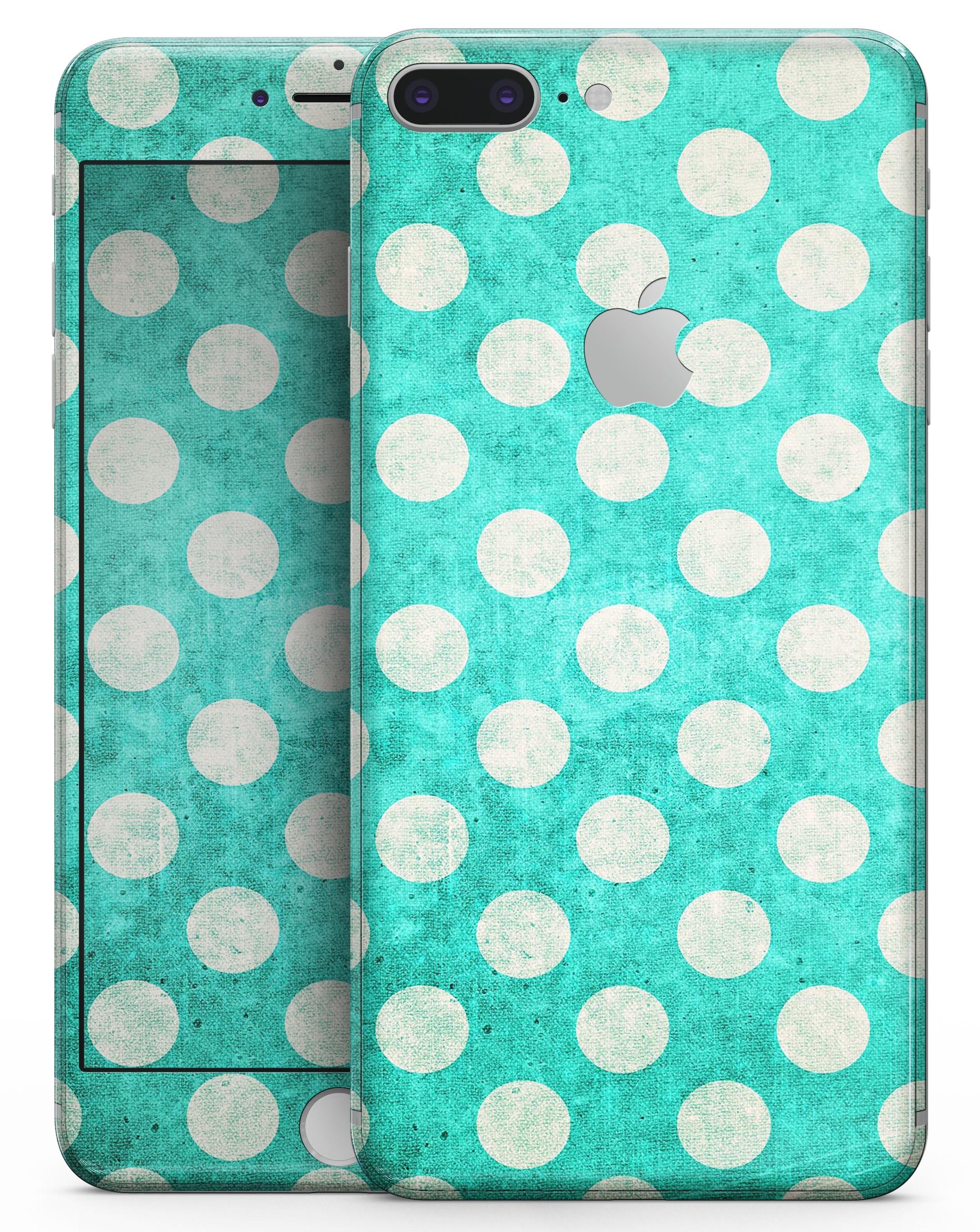 Grungy Teal and White Polka Dots skin for iPhone 8 and 8 Plus, showcasing a stylish design with polka dots.