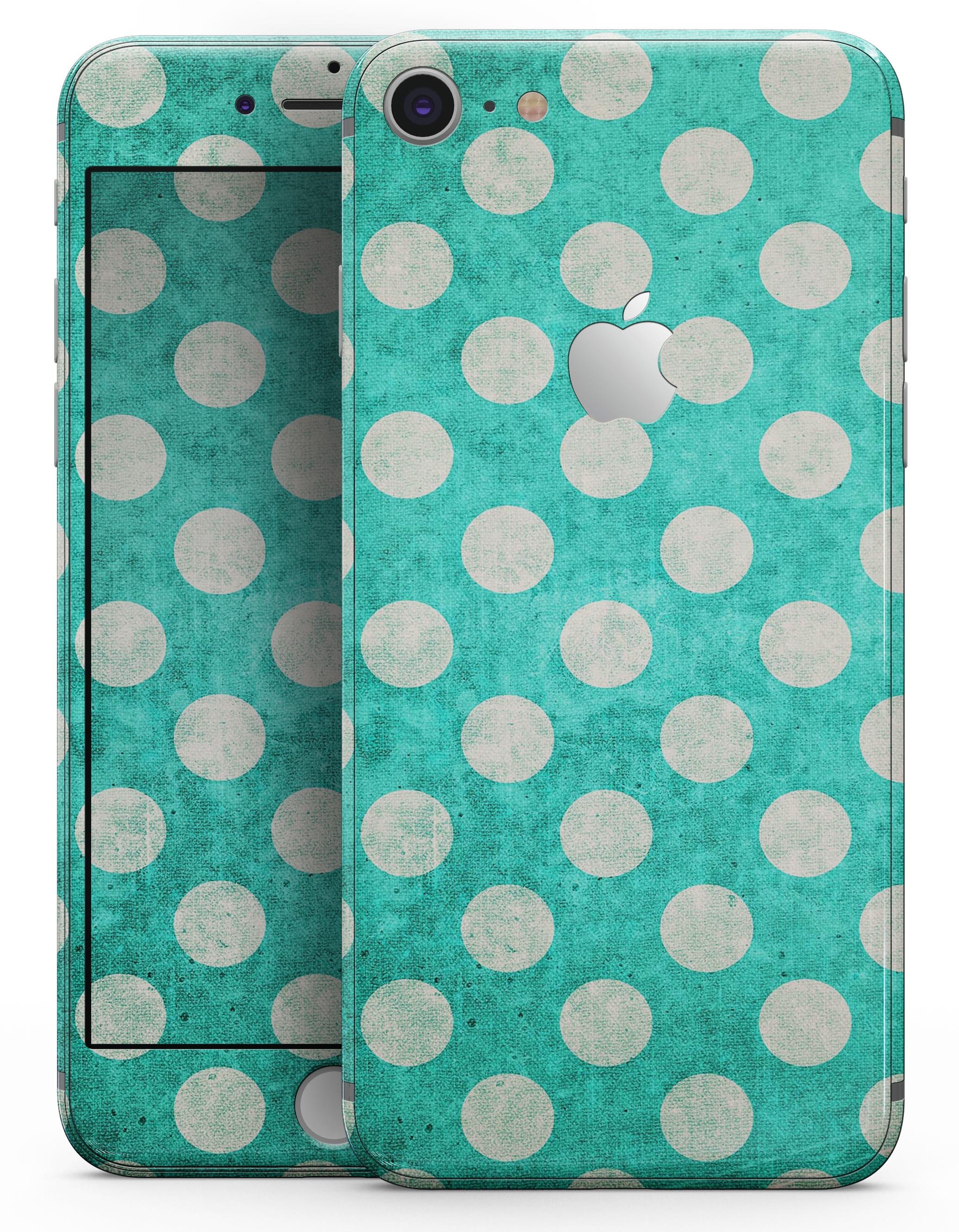 Grungy Teal and White Polka Dots skin for iPhone 8 and 8 Plus, showcasing a stylish design with polka dots.