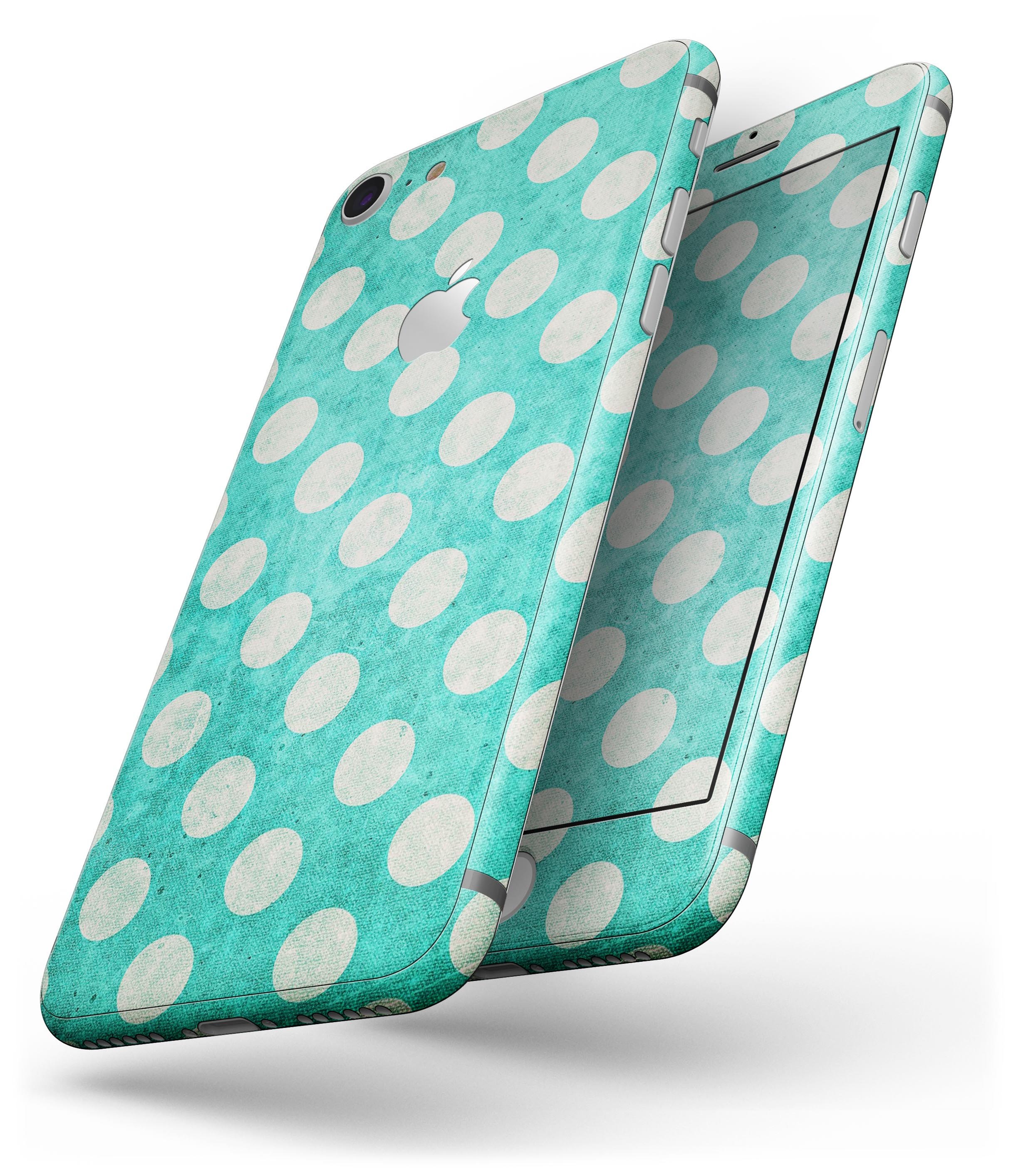 Grungy Teal and White Polka Dots skin for iPhone 8 and 8 Plus, showcasing a stylish design with polka dots.