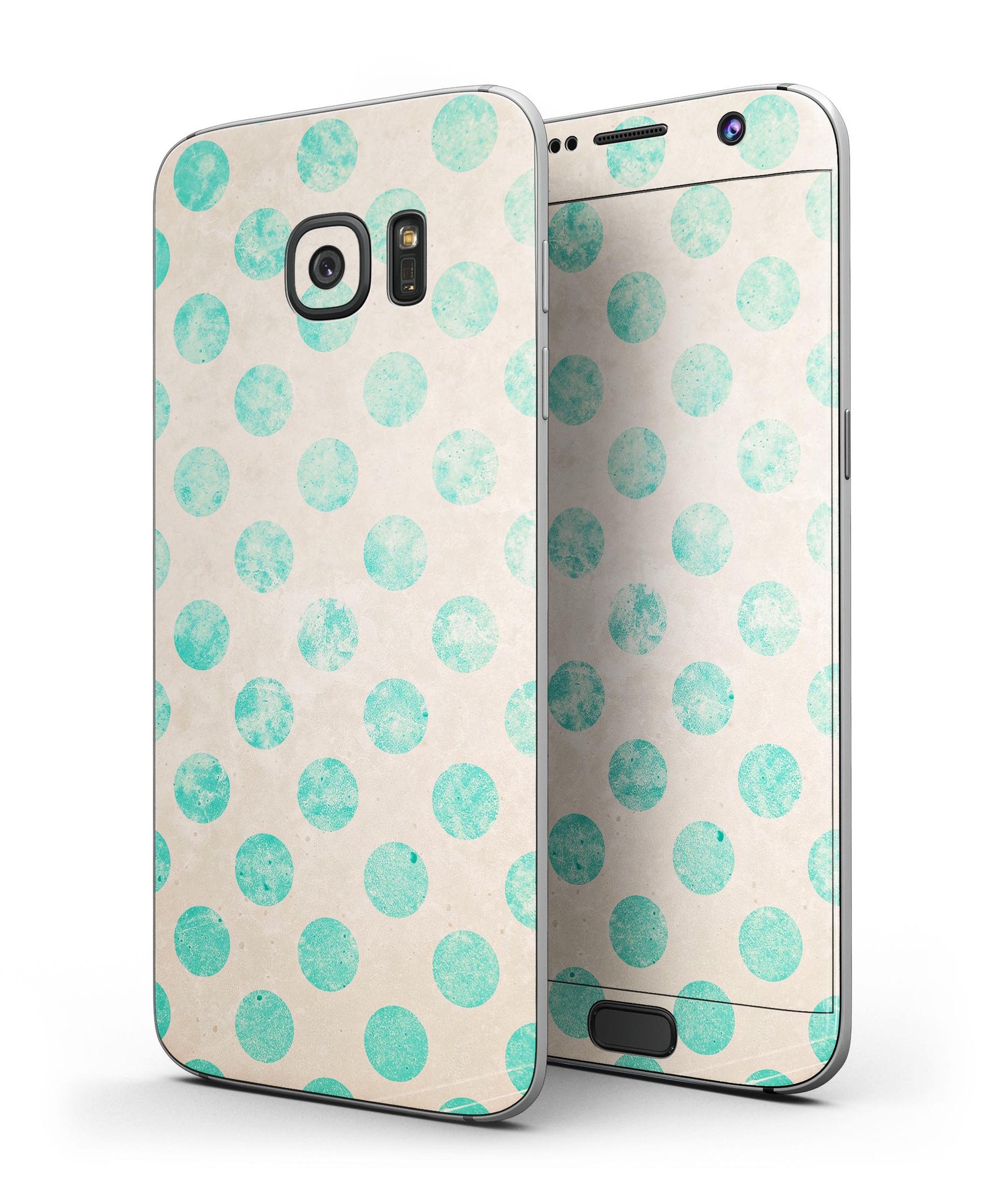 Grungy Teal Polka Dots Full Body Skin-Kit for Samsung Galaxy S7, showcasing vibrant teal polka dots on a sleek vinyl surface.