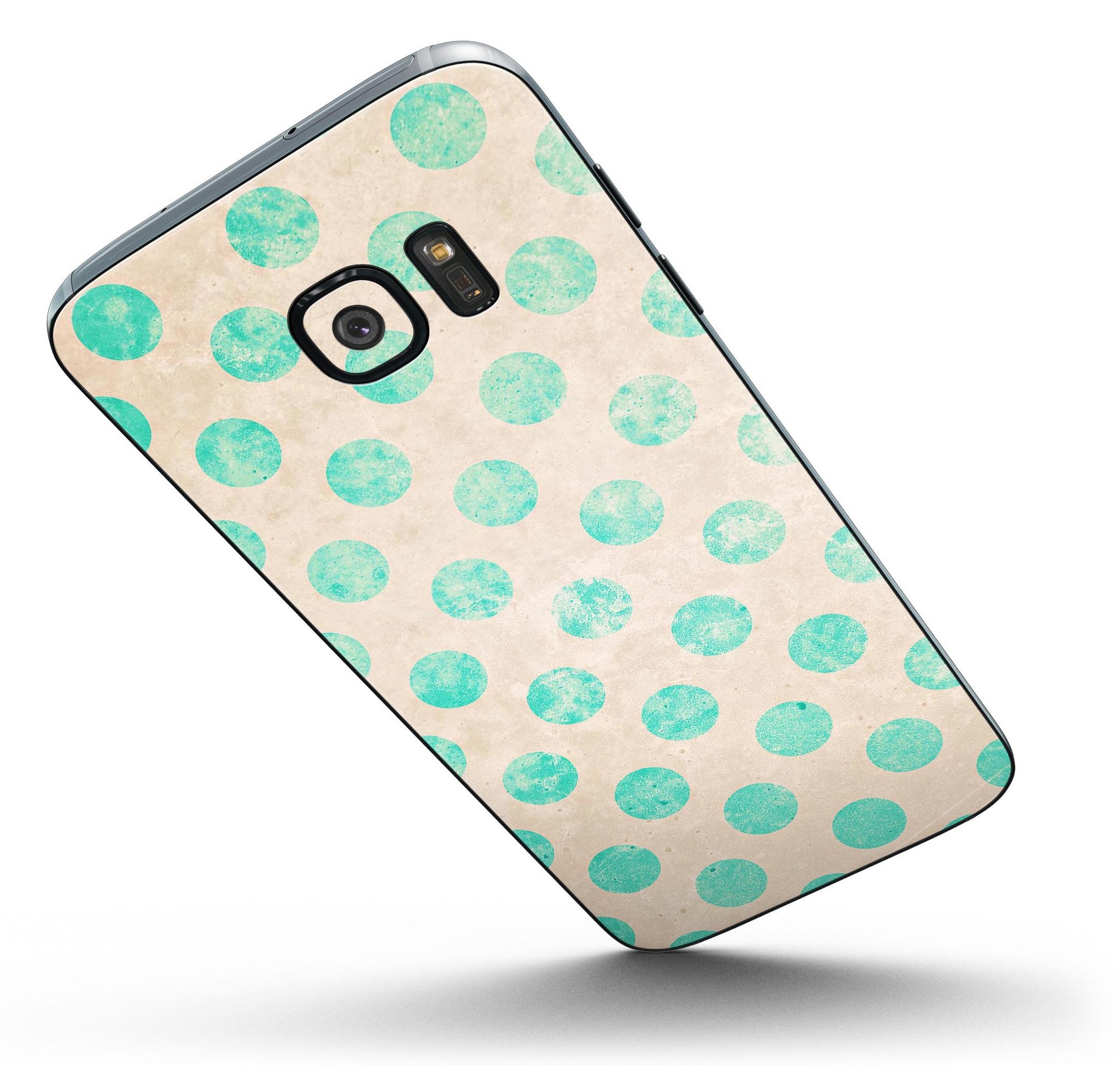 Grungy Teal Polka Dots Full Body Skin-Kit for Samsung Galaxy S7, showcasing vibrant teal polka dots on a sleek vinyl surface.