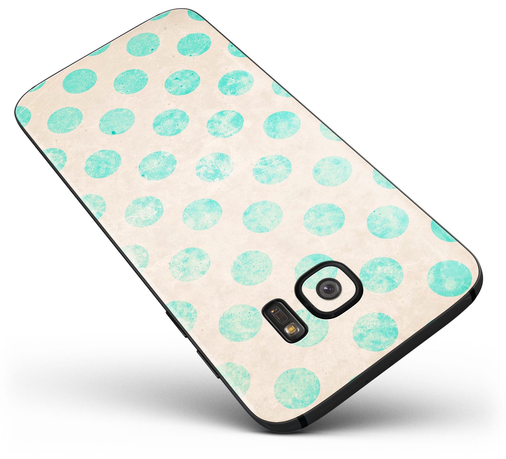 Grungy Teal Polka Dots Full Body Skin-Kit for Samsung Galaxy S7, showcasing vibrant teal polka dots on a sleek vinyl surface.