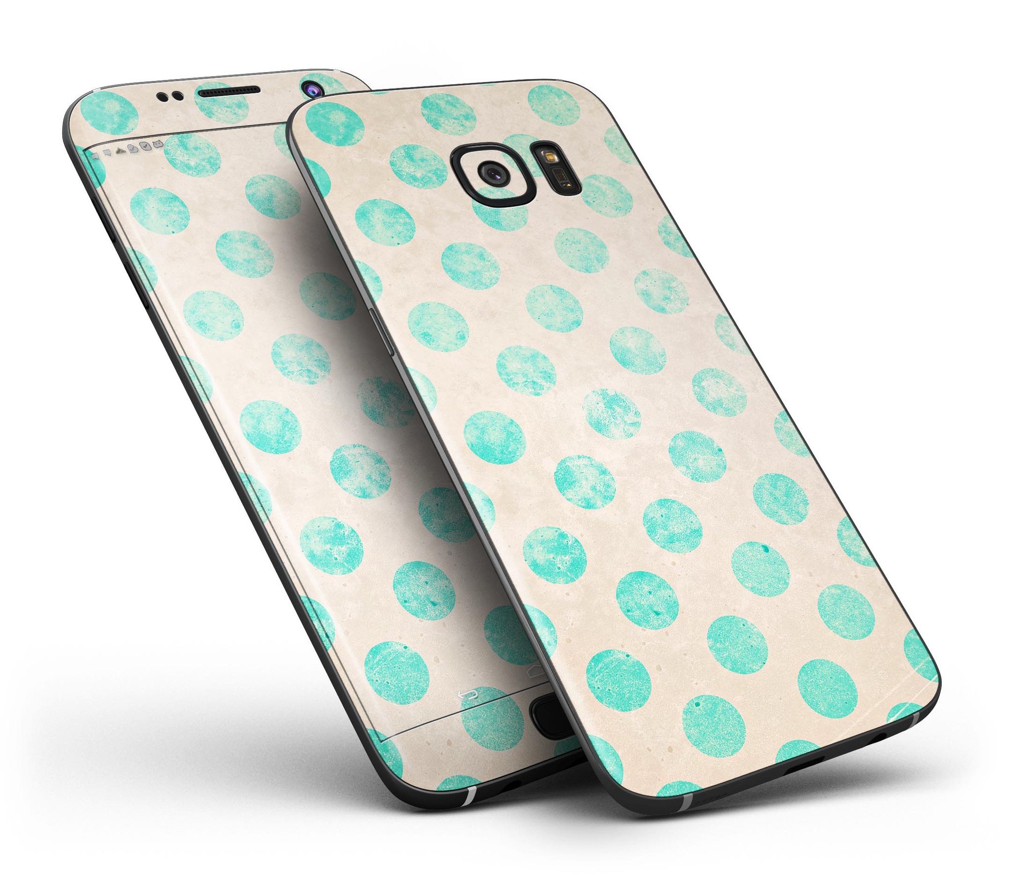 Grungy Teal Polka Dots Full Body Skin-Kit for Samsung Galaxy S7, showcasing vibrant teal polka dots on a sleek vinyl surface.