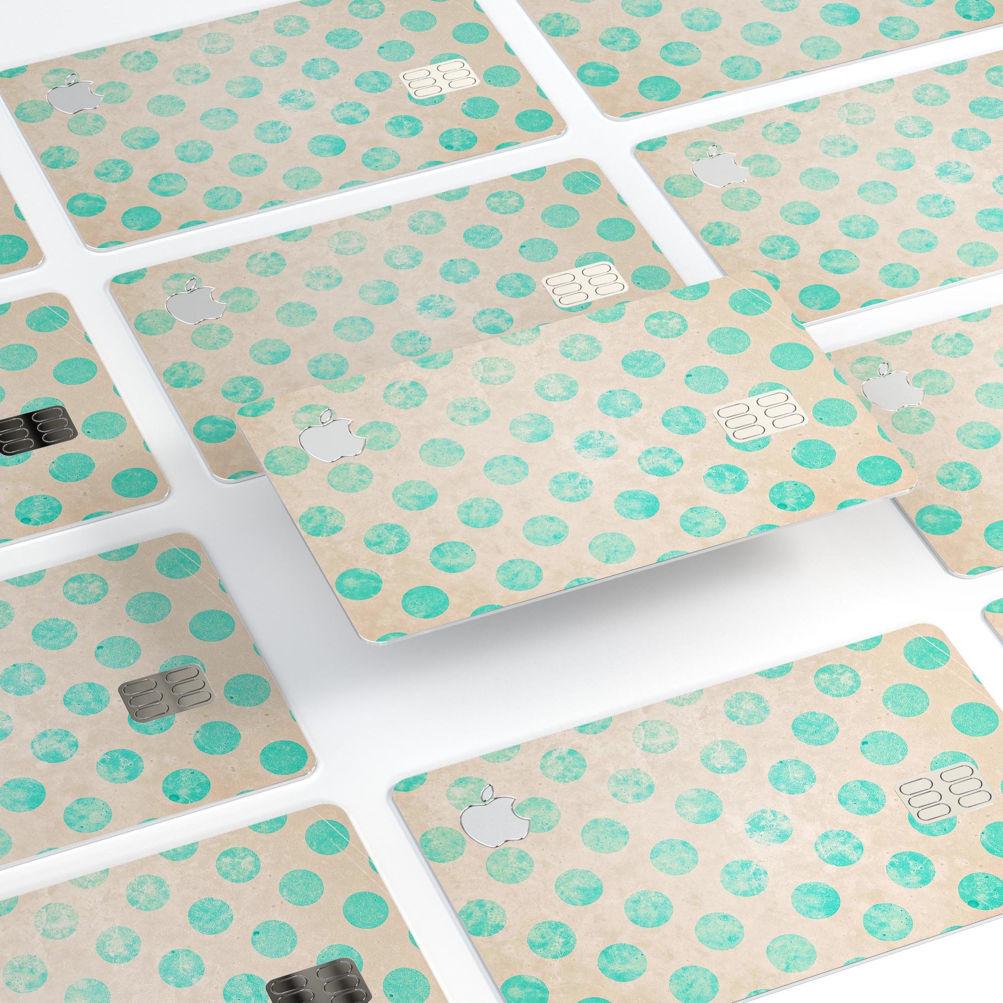 Grungy Teal Polka Dots Premium Protective Decal Skin-Kit for Apple Card, showcasing a stylish design with polka dots.